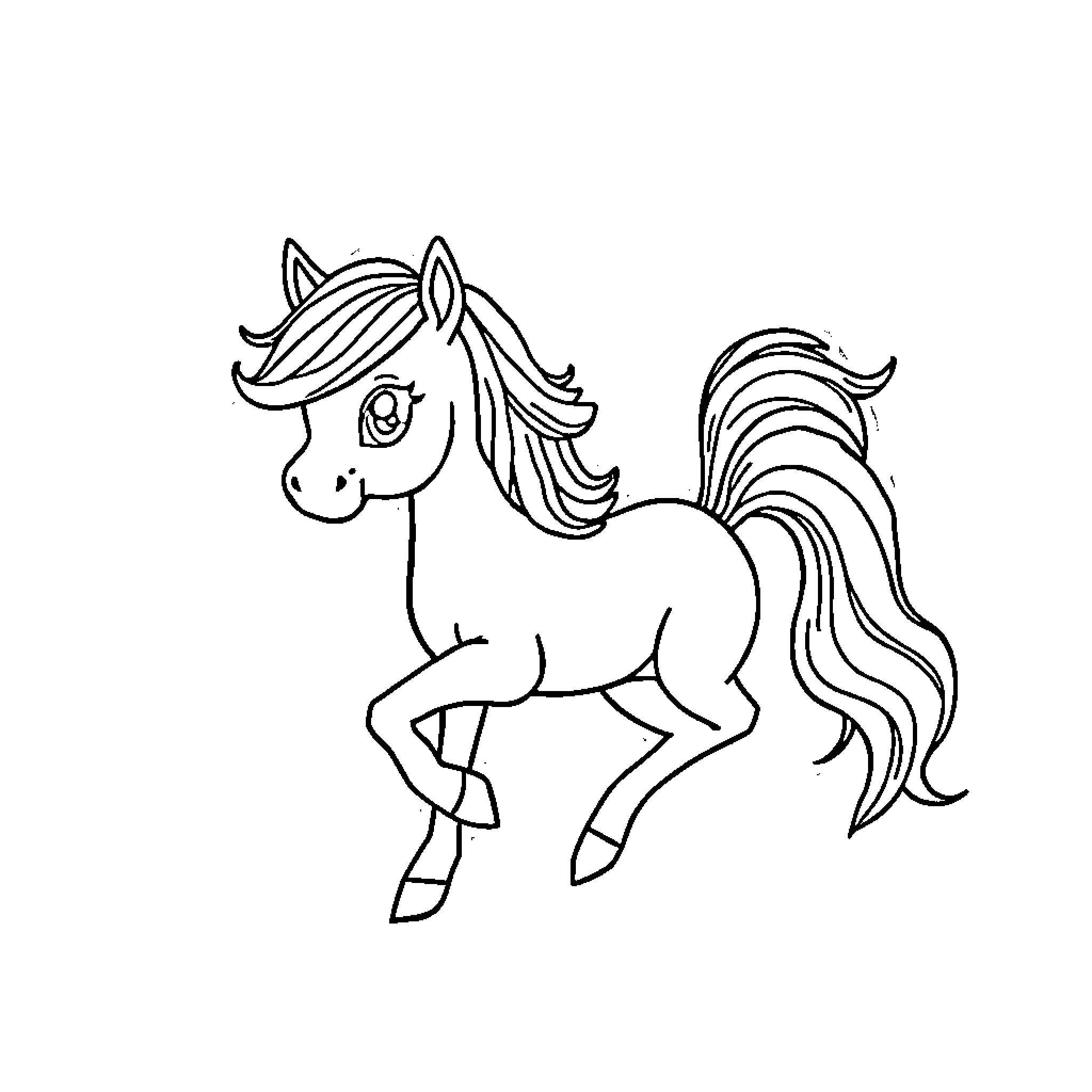 Poney with flowing mane prancing gracefully Coloring Page (free black-and-white line drawing printable PDF for all, from beginners to advanced learners, including children, teens, adults, and seniors)