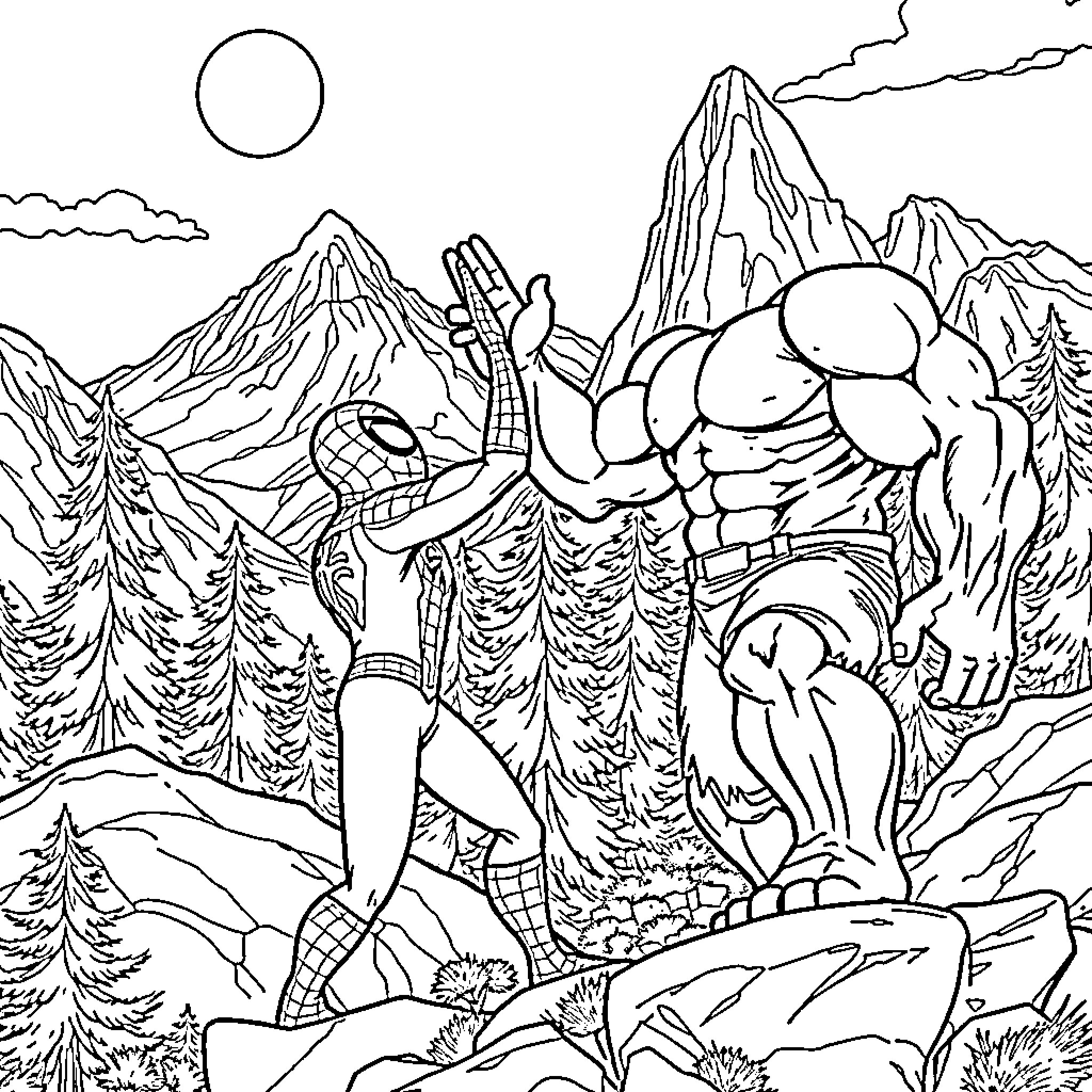 Spider-Man swinging through a mountainous landscape Coloring Page (free black-and-white line drawing printable PDF for all, from beginners to advanced learners, including children, teens, adults, and seniors)