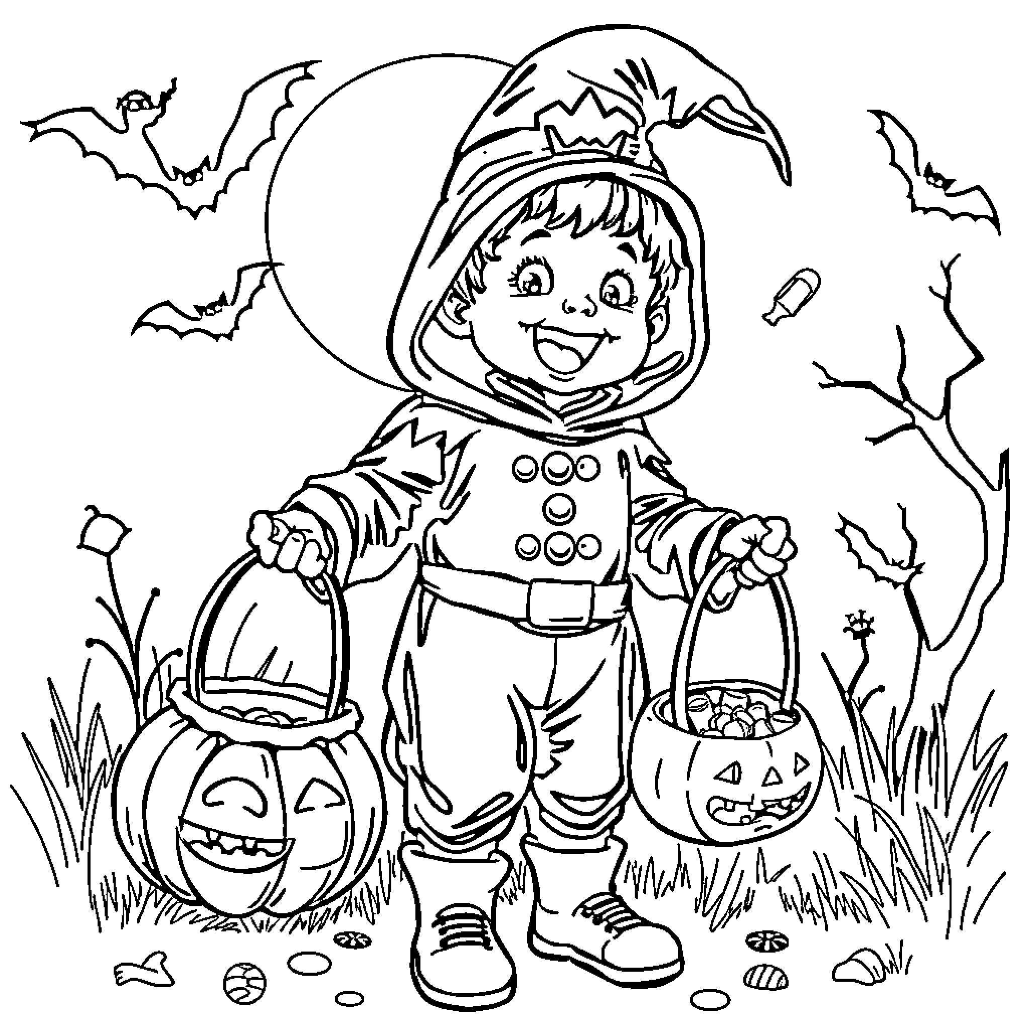 Child in Halloween costume with pumpkins and bats Coloring Page (free black-and-white line drawing printable PDF for all, from beginners to advanced learners, including children, teens, adults, and seniors)