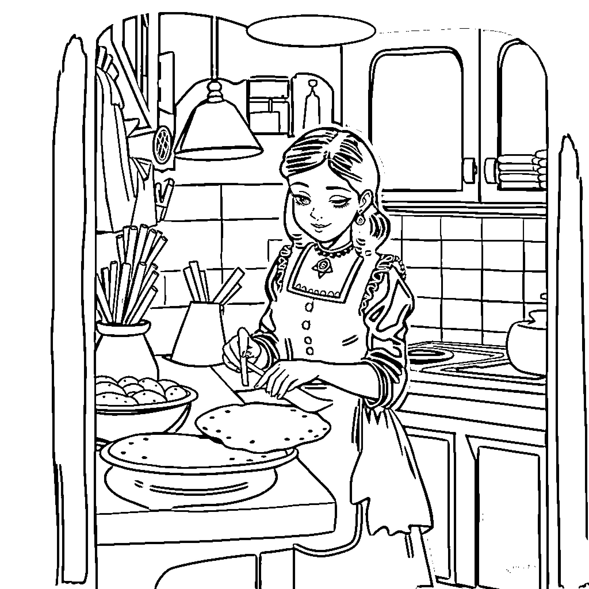 Wednesday Addams baking in the kitchen Coloring Page (free black-and-white line drawing printable PDF for all, from beginners to advanced learners, including children, teens, adults, and seniors)