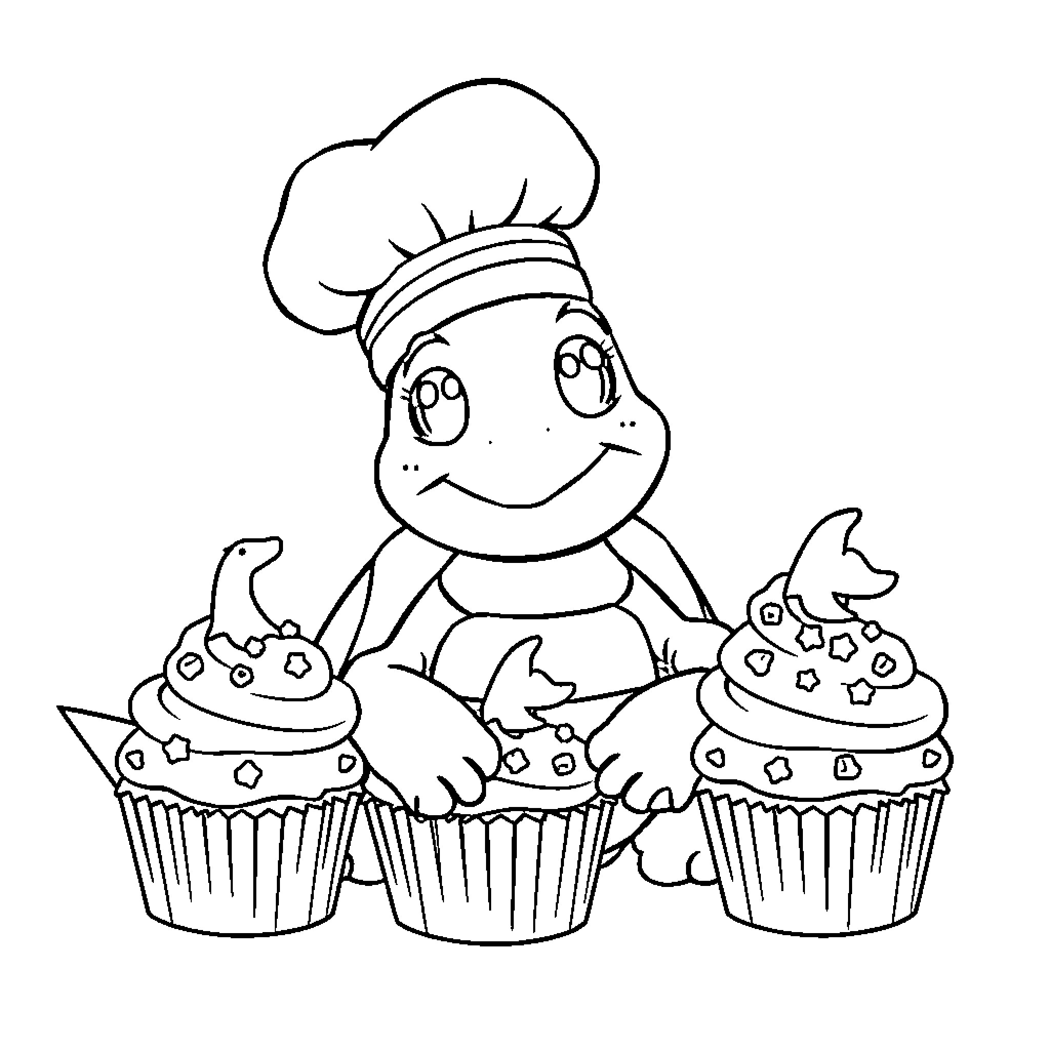 Turtle baking delightful cupcakes Coloring Page (free black-and-white line drawing printable PDF for all, from beginners to advanced learners, including children, teens, adults, and seniors)