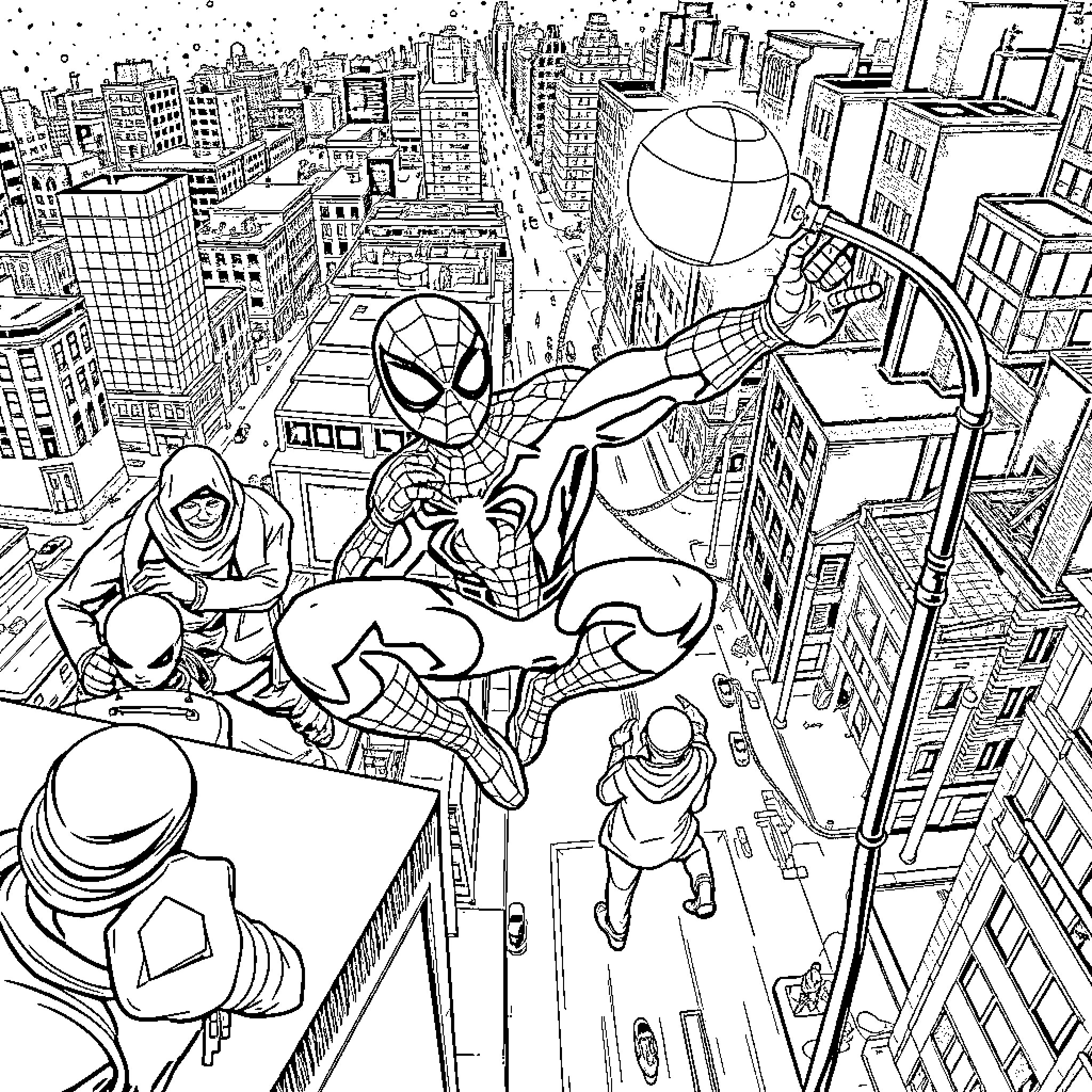 Spider-Man swinging through the city skyline Coloring Page (free black-and-white line drawing printable PDF for all, from beginners to advanced learners, including children, teens, adults, and seniors)