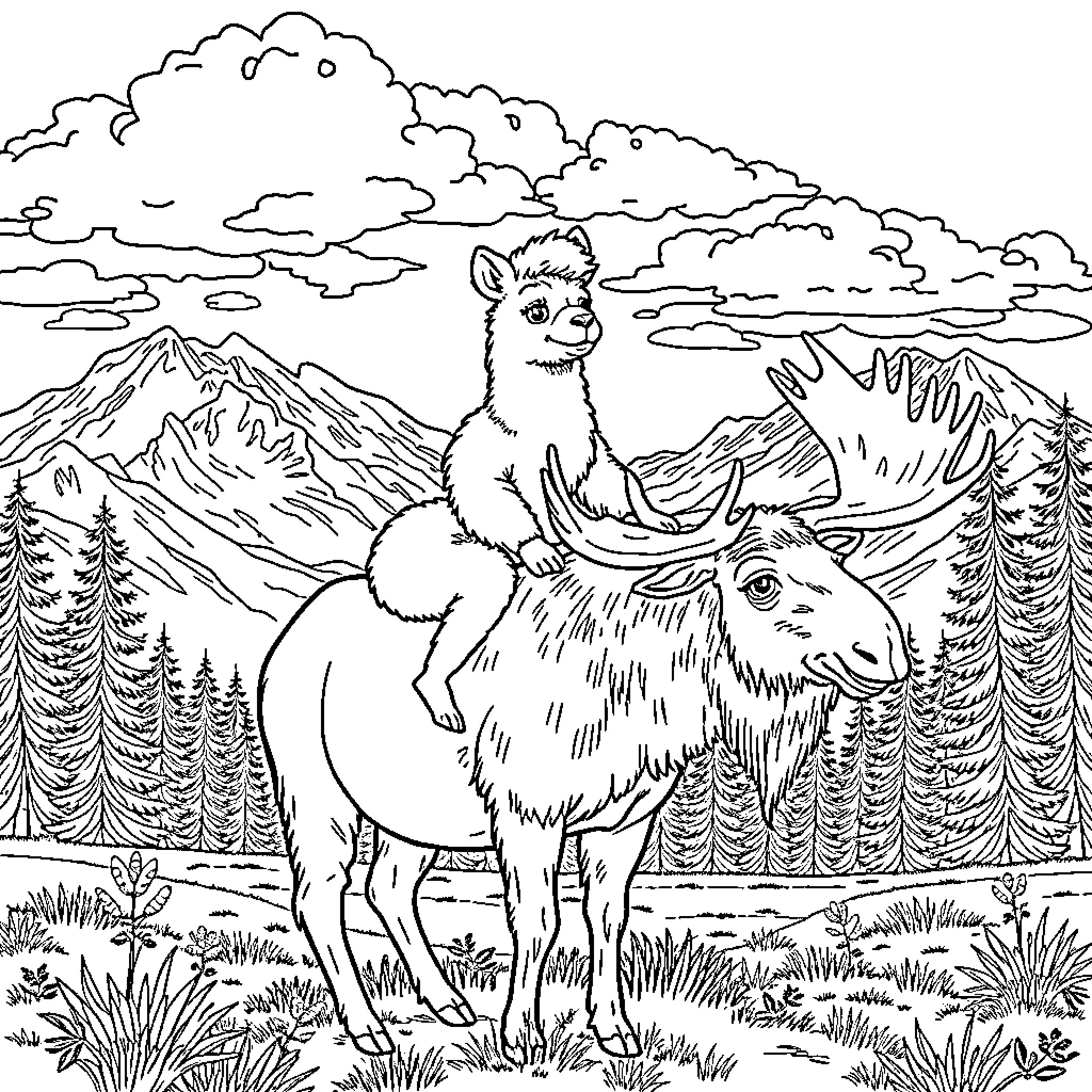Alpaca riding on a majestic mountain landscape Coloring Page (free black-and-white line drawing printable PDF for all, from beginners to advanced learners, including children, teens, adults, and seniors)
