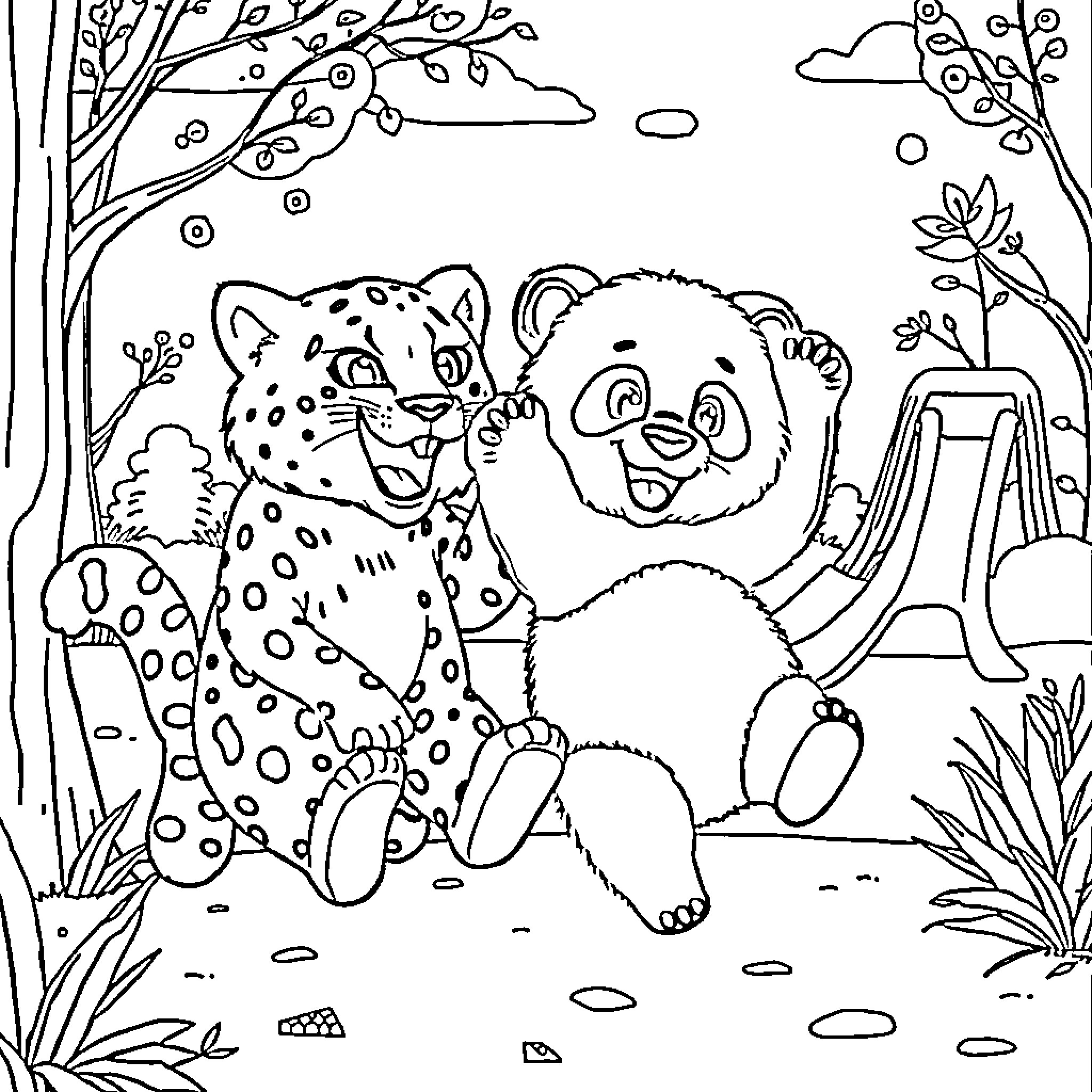 Panda and leopard playing in the forest Coloring Page (free black-and-white line drawing printable PDF for all, from beginners to advanced learners, including children, teens, adults, and seniors)