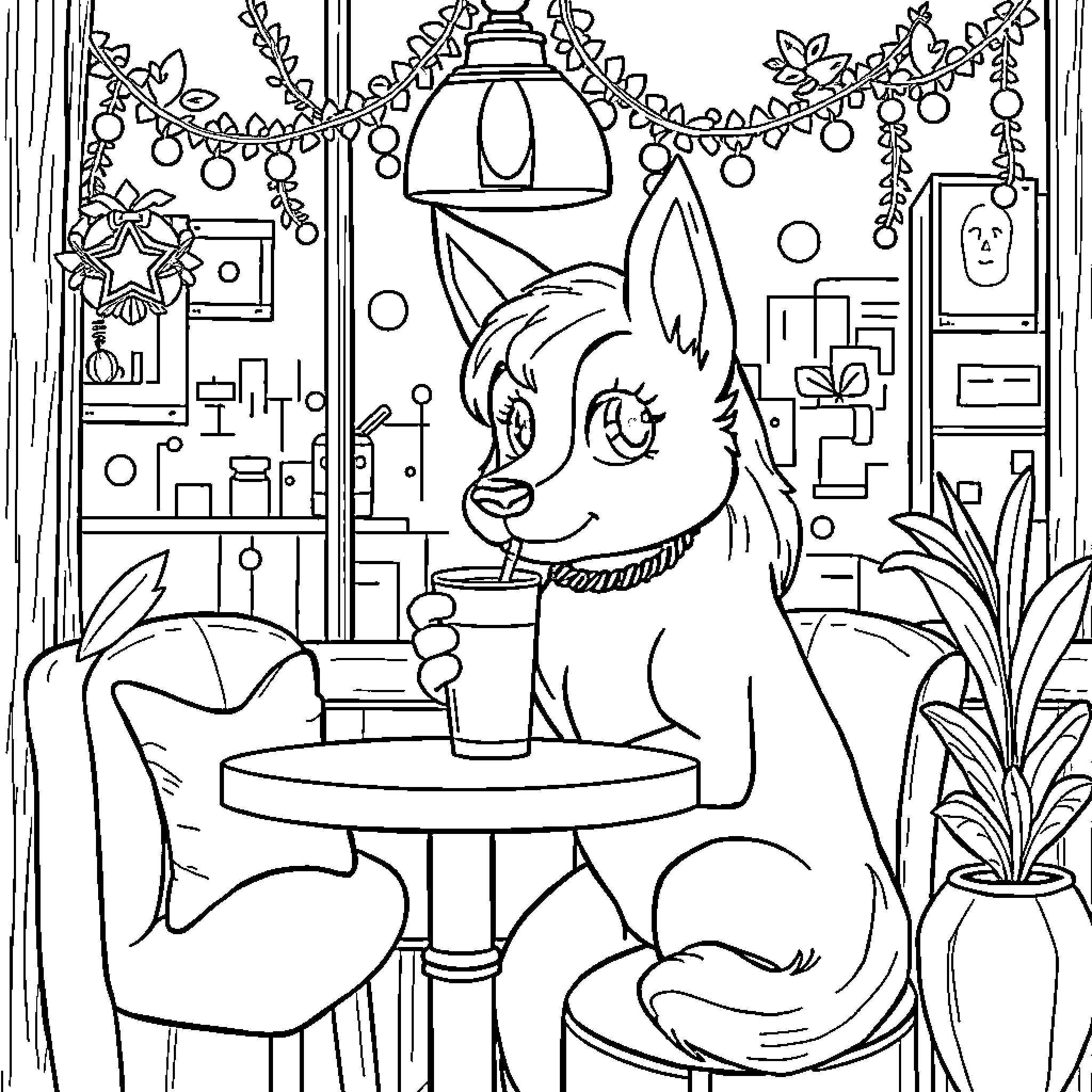Coco's cozy indoor cafe scene Coloring Page (free black-and-white line drawing printable PDF for all, from beginners to advanced learners, including children, teens, adults, and seniors)