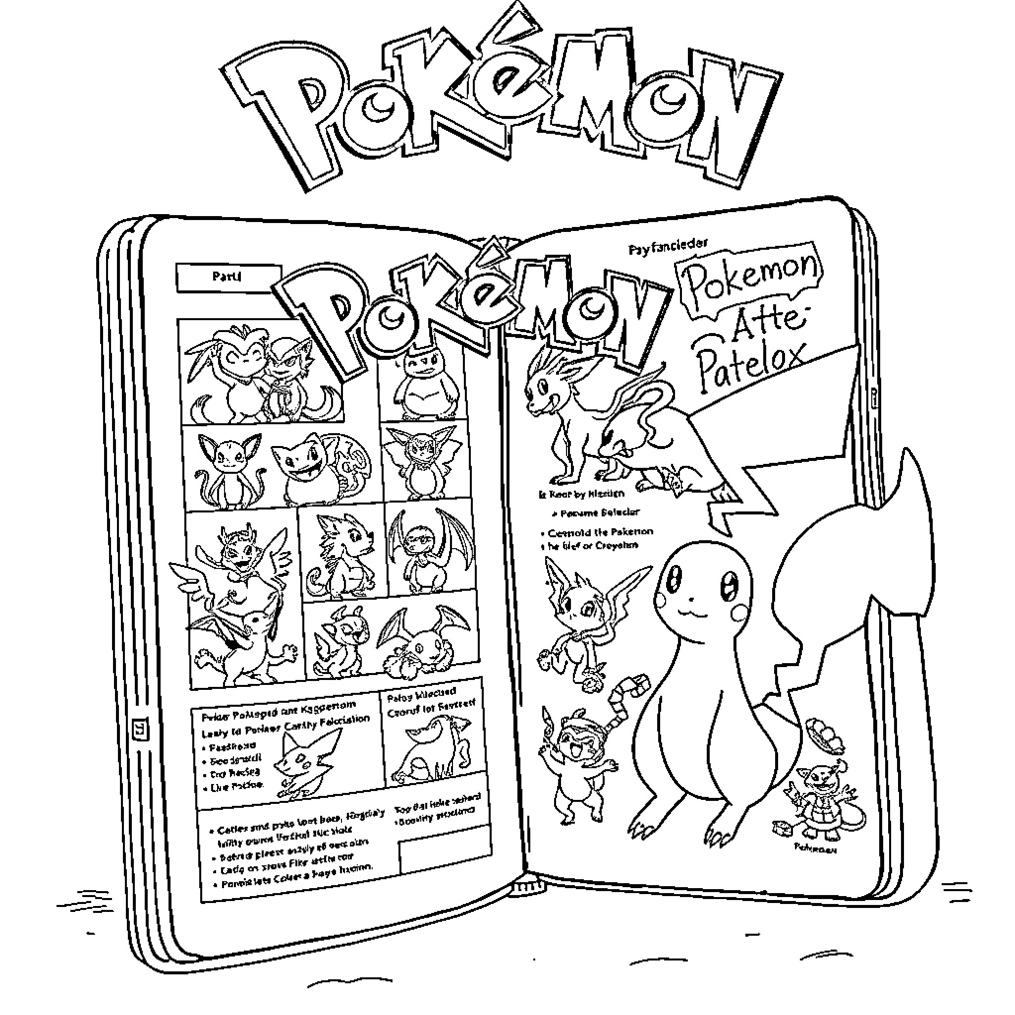 Pokémon characters and items depicted in a coloring book Coloring Page (free black-and-white line drawing printable PDF for all, from beginners to advanced learners, including children, teens, adults, and seniors)