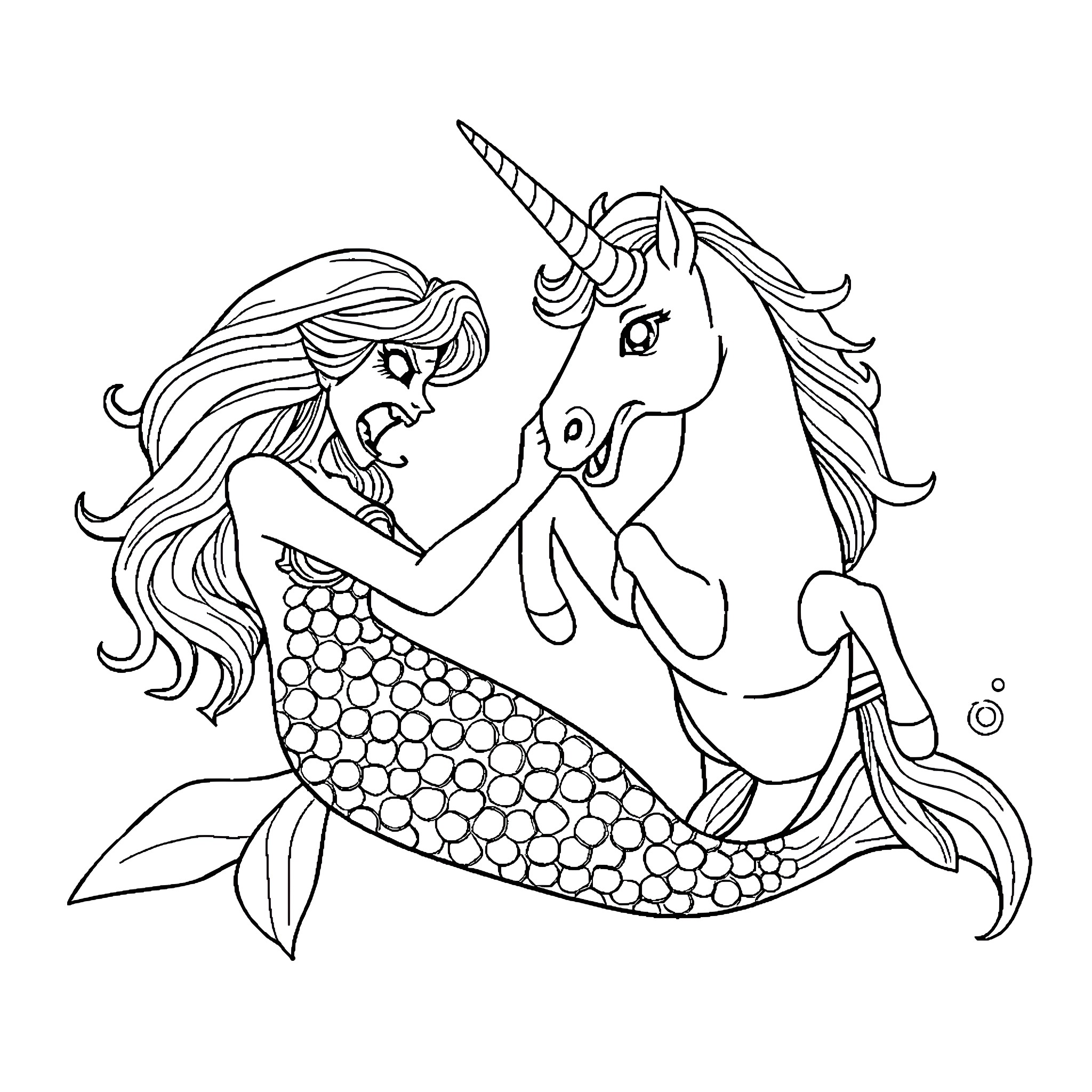 Mermaid embracing a magical unicorn Coloring Page (free black-and-white line drawing printable PDF for all, from beginners to advanced learners, including children, teens, adults, and seniors)