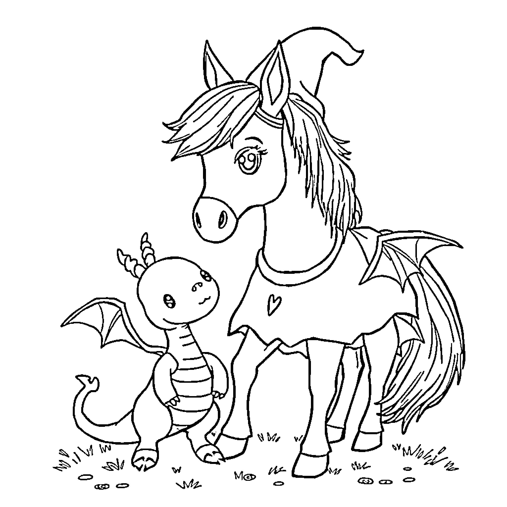 Horse with Mythical Creature Friend in Whimsical Scene Coloring Page (free black-and-white line drawing printable PDF for all, from beginners to advanced learners, including children, teens, adults, and seniors)