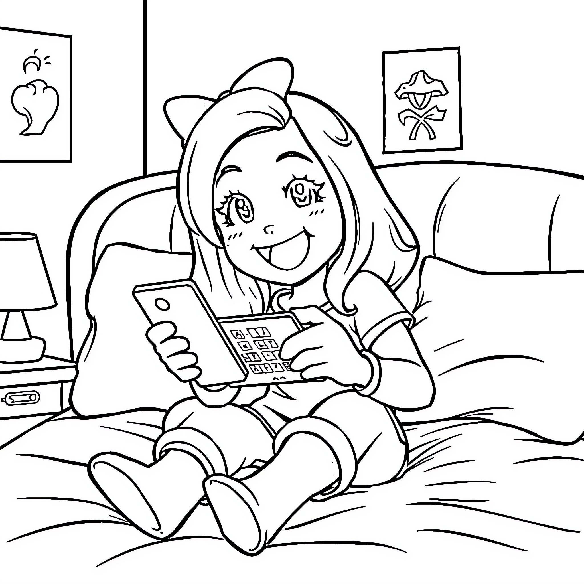 Melody reading a book happily on her bed Coloring Page (free black-and-white line drawing printable PDF for all, from beginners to advanced learners, including children, teens, adults, and seniors)