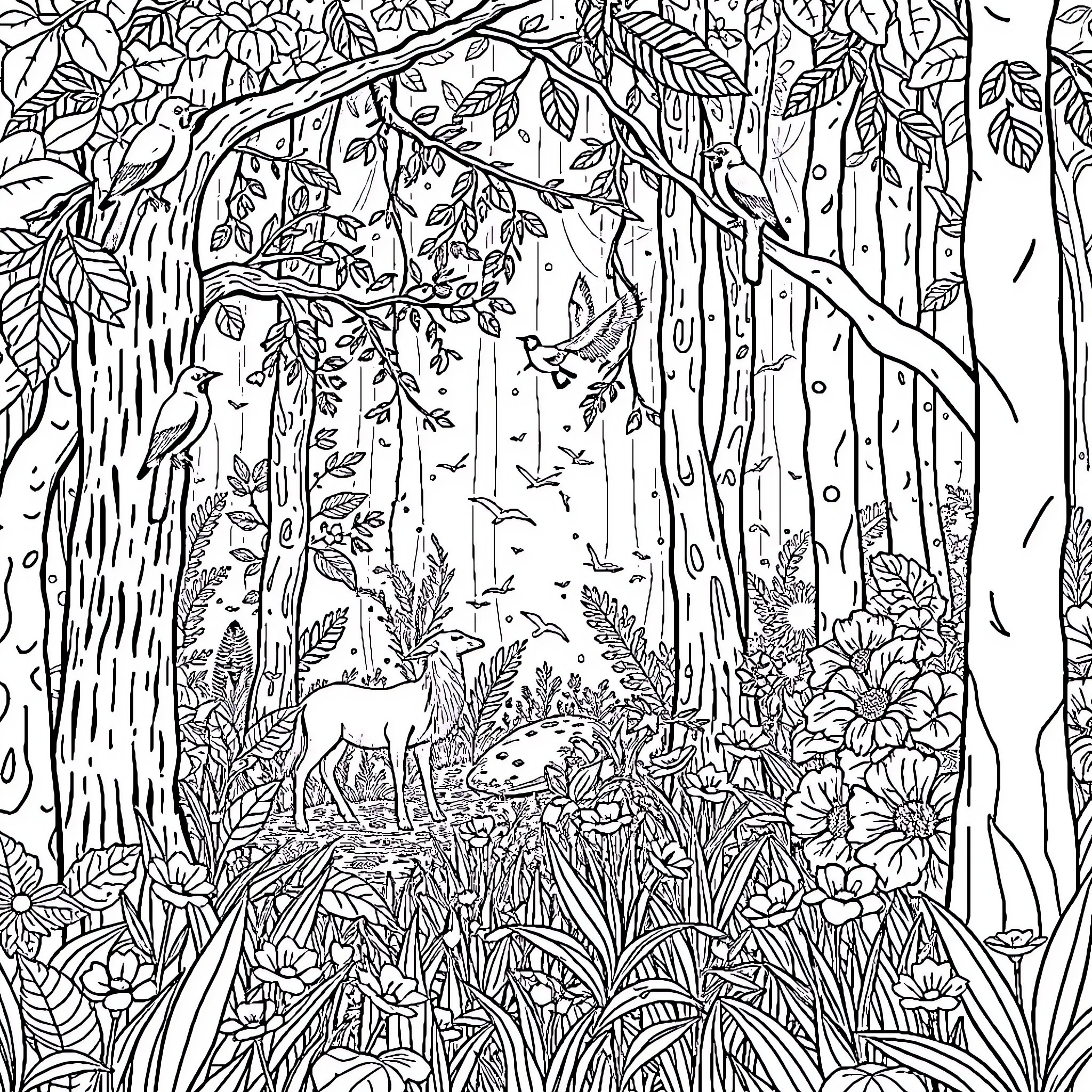 Forest with animals and floral scenery Coloring Page (free black-and-white line drawing printable PDF for all, from beginners to advanced learners, including children, teens, adults, and seniors)