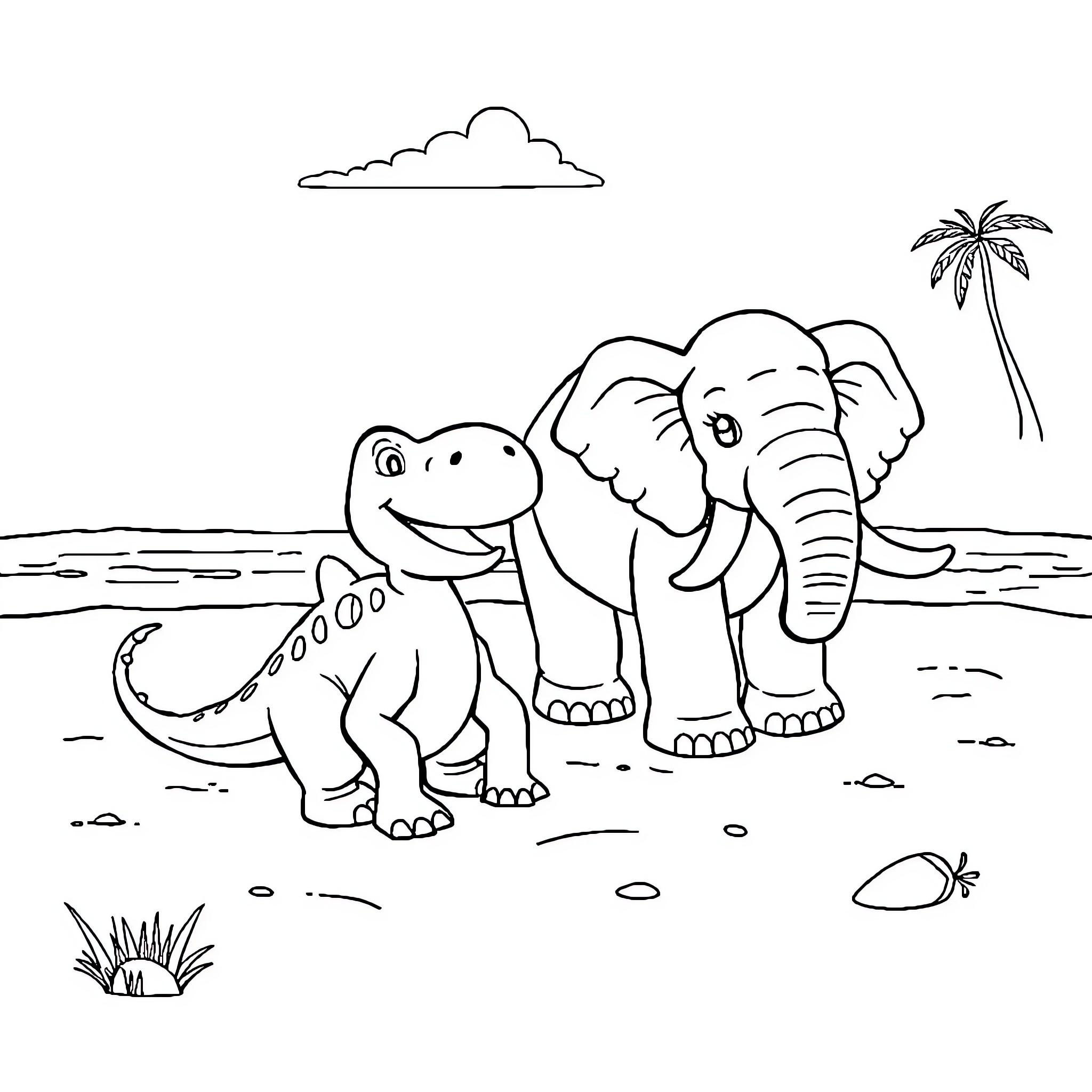 Dinosaur and Elephant Playing on the Beach Coloring Page (free black-and-white line drawing printable PDF for all, from beginners to advanced learners, including children, teens, adults, and seniors)