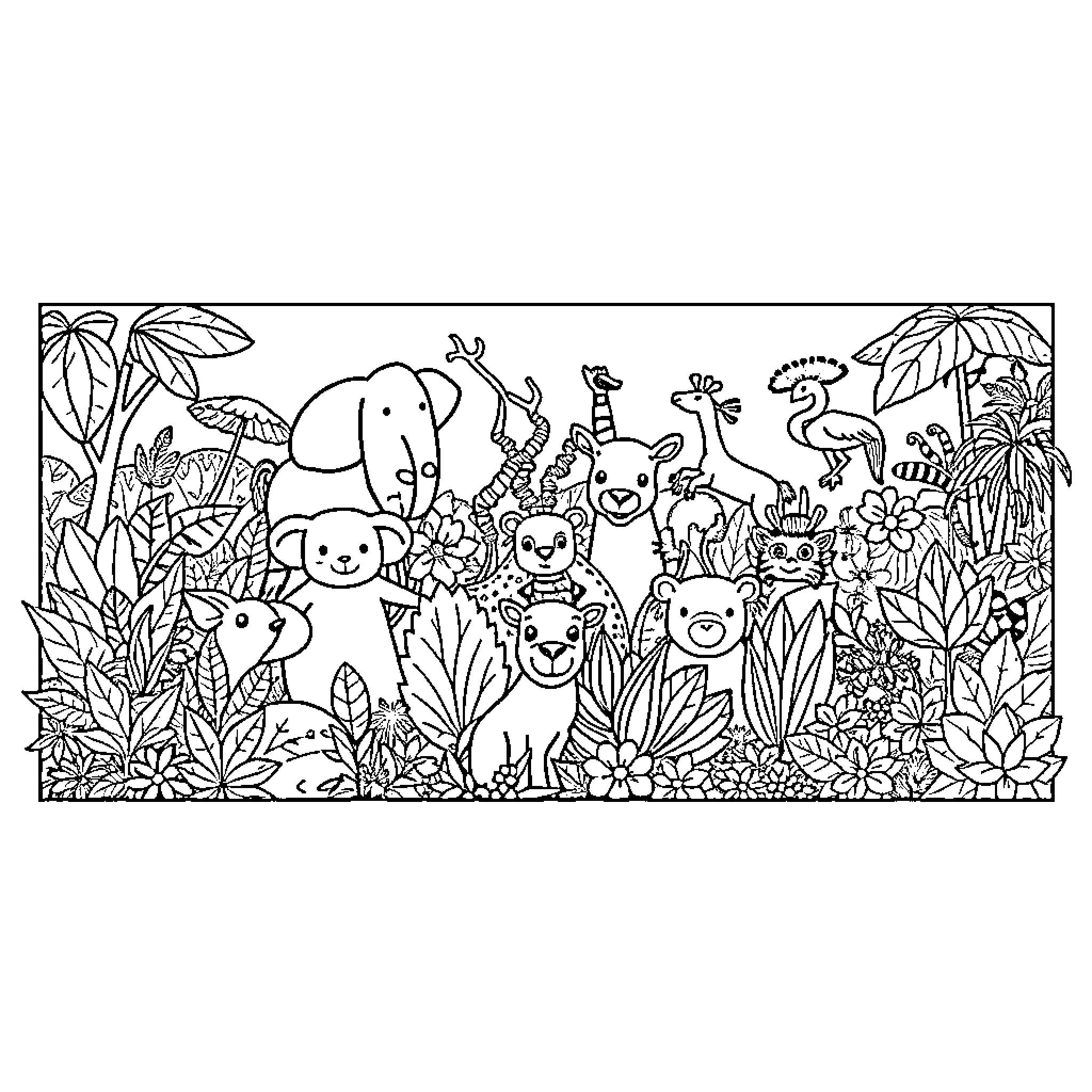 Animal friends enjoying the wilderness Coloring Page (free black-and-white line drawing printable PDF for all, from beginners to advanced learners, including children, teens, adults, and seniors)