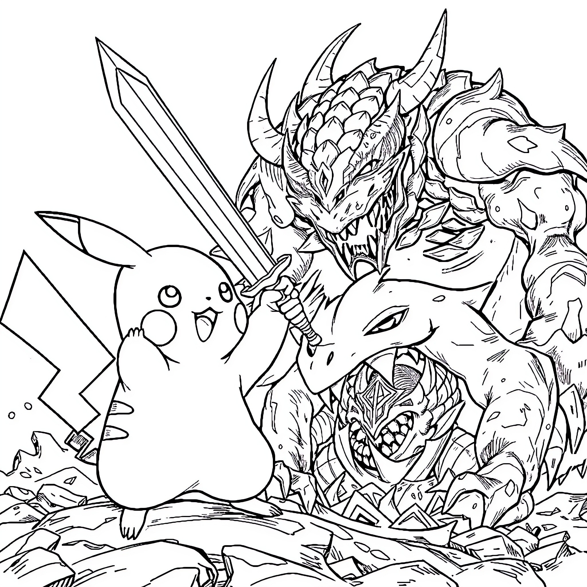 Pikachu battling against a fierce dragon Coloring Page (free black-and-white line drawing printable PDF for all, from beginners to advanced learners, including children, teens, adults, and seniors)