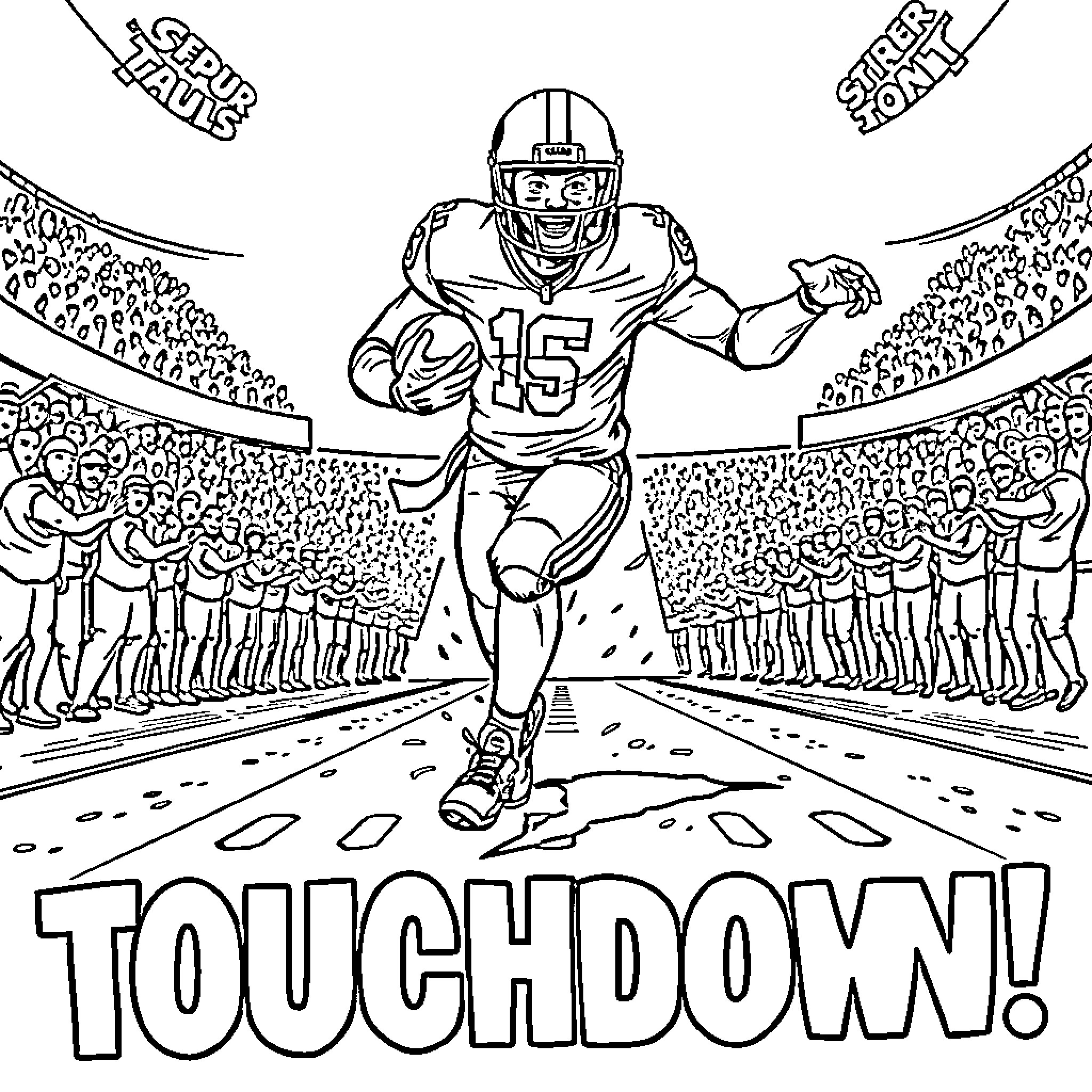 Raider touchdown in a sports stadium Coloring Page (free black-and-white line drawing printable PDF for all, from beginners to advanced learners, including children, teens, adults, and seniors)