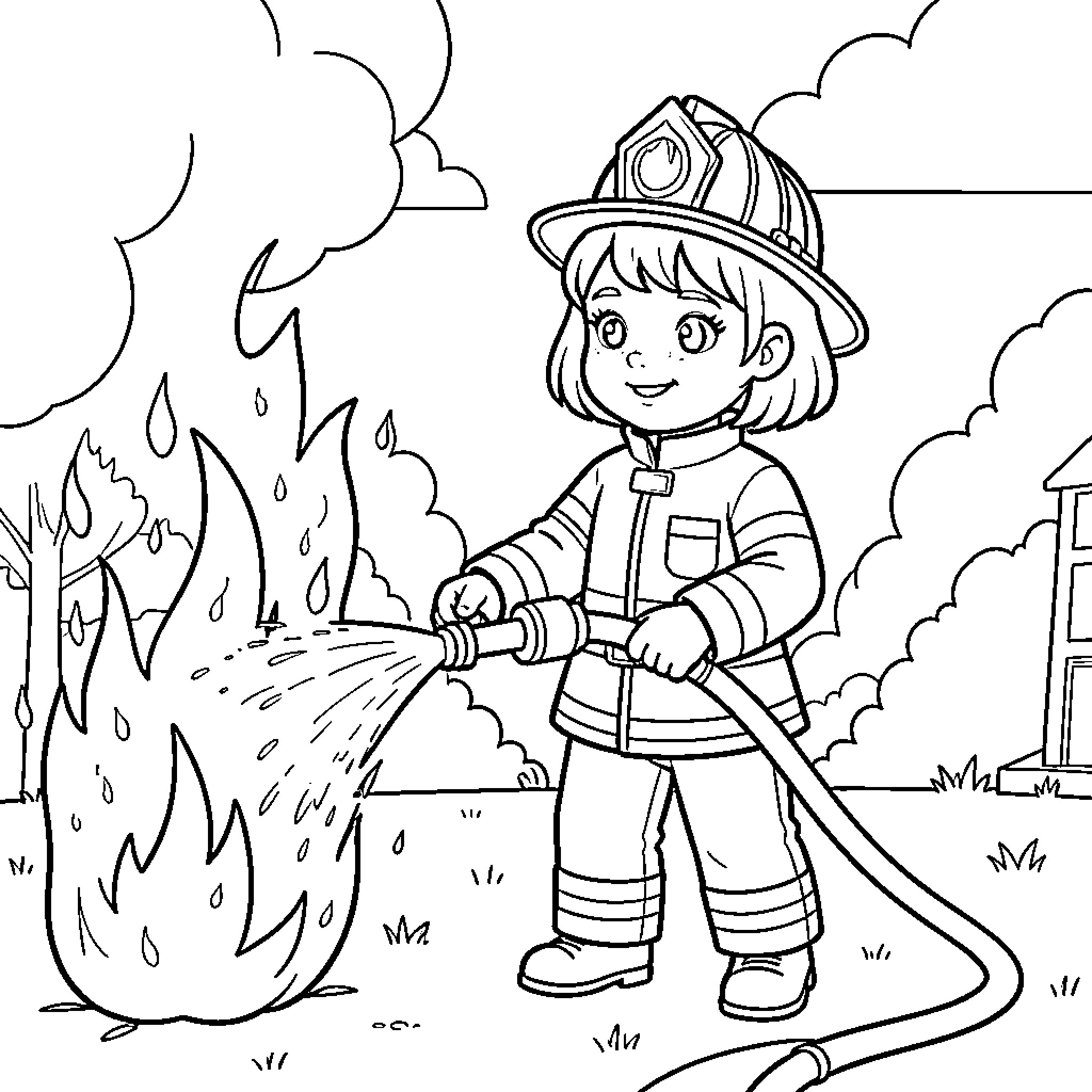 Firefighter spraying water to extinguish a fire Coloring Page (free black-and-white line drawing printable PDF for all, from beginners to advanced learners, including children, teens, adults, and seniors)