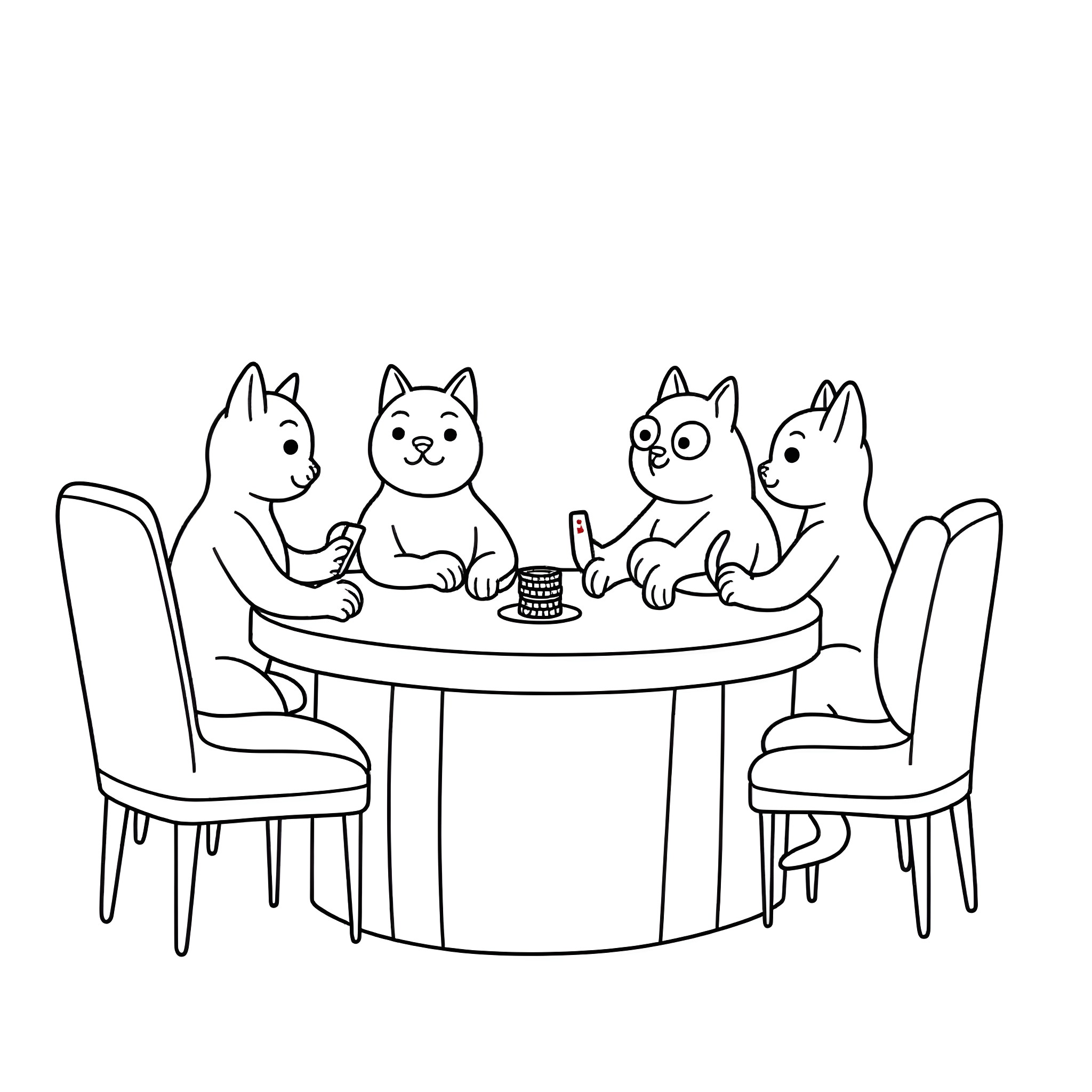 Cats enjoying a birthday party at the table Coloring Page (free black-and-white line drawing printable PDF for all, from beginners to advanced learners, including children, teens, adults, and seniors)