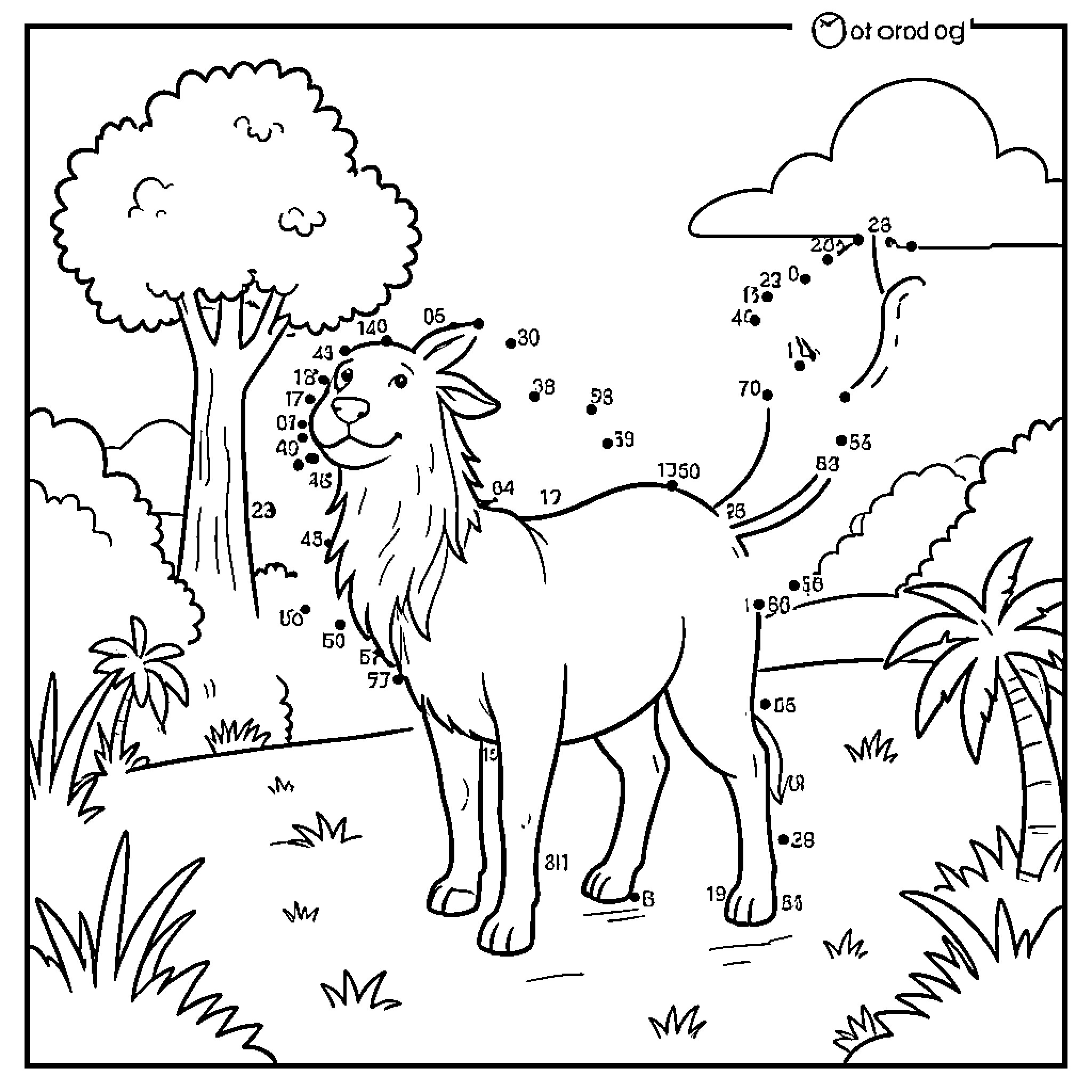Dot to Dot lion standing in a nature scene Coloring Page (free black-and-white line drawing printable PDF for all, from beginners to advanced learners, including children, teens, adults, and seniors)