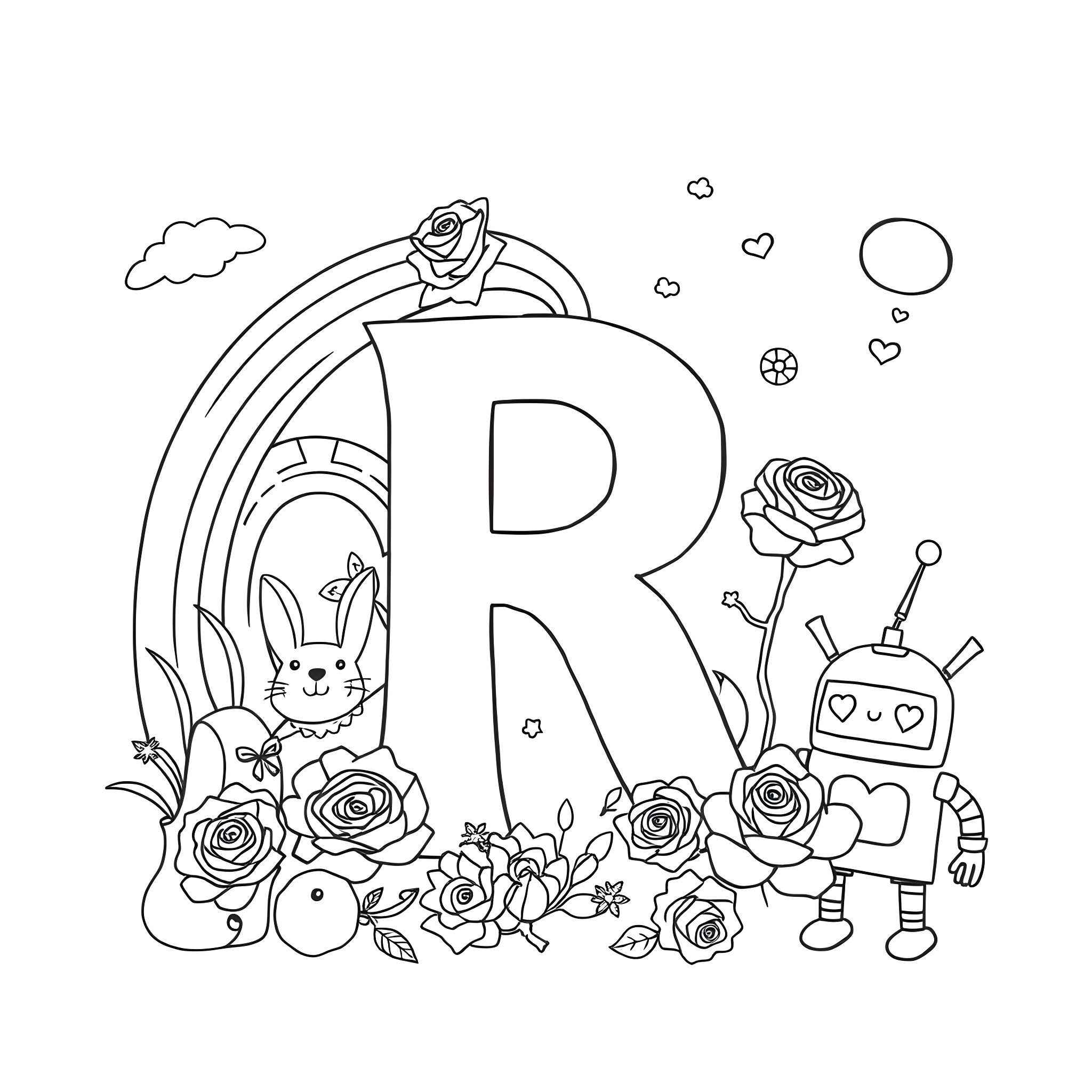 Letter R with Rabbit, Roses, and Robot in a Scene Coloring Page (free black-and-white line drawing printable PDF for all, from beginners to advanced learners, including children, teens, adults, and seniors)