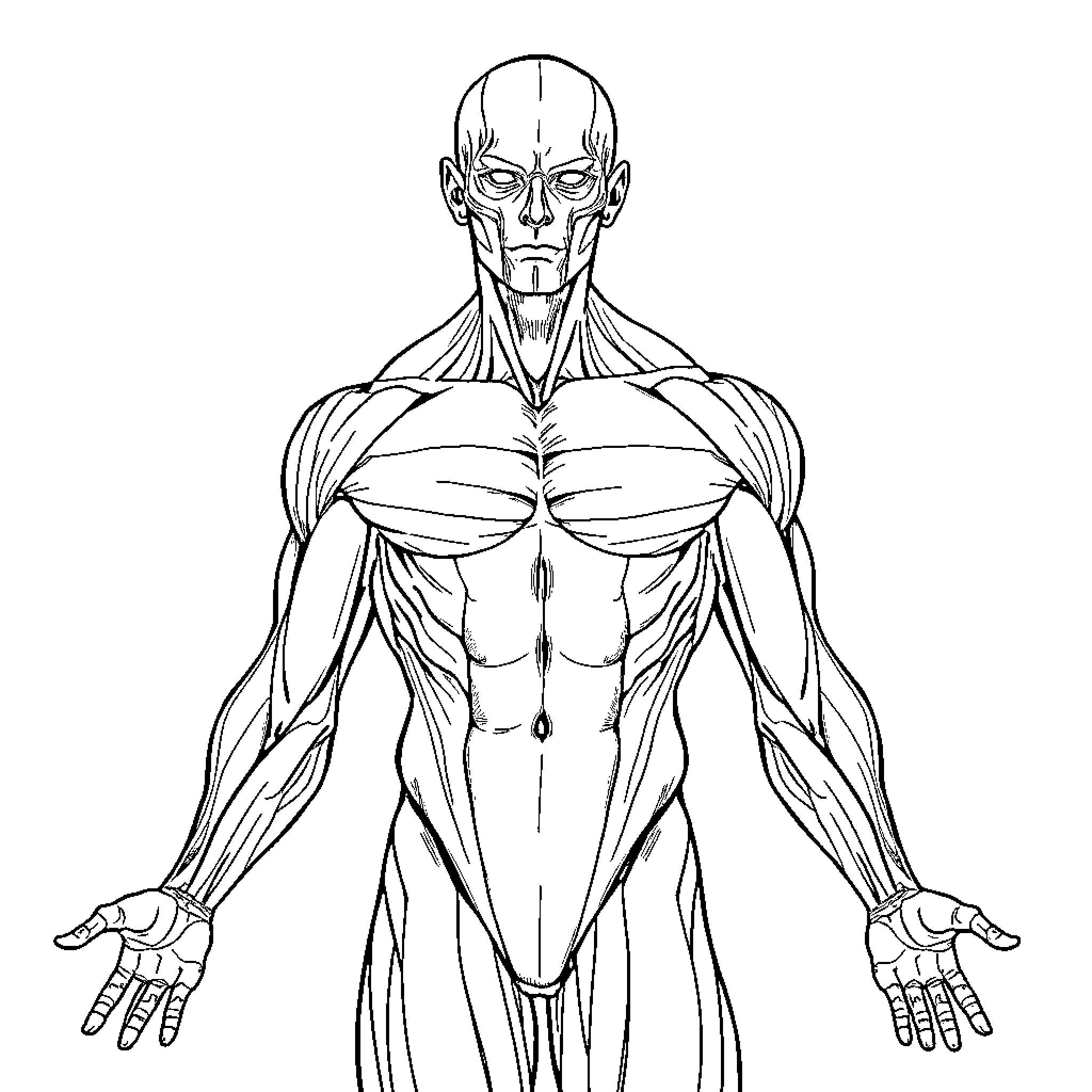 Anatomy of a Muscular Male Figure Coloring Page (free black-and-white line drawing printable PDF for all, from beginners to advanced learners, including children, teens, adults, and seniors)