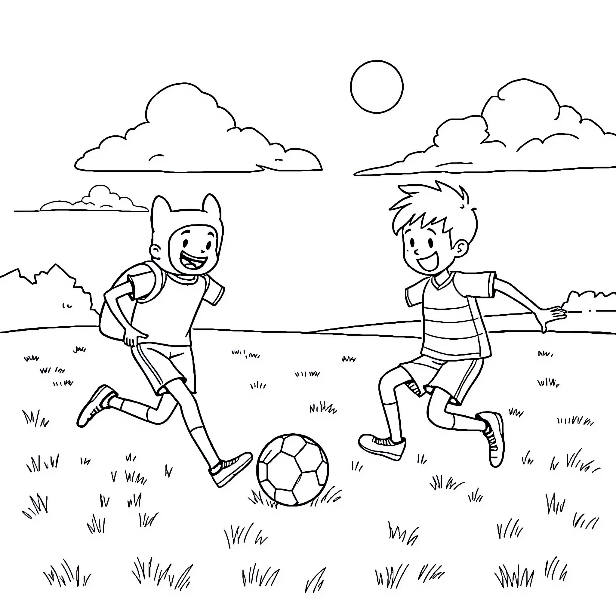 Finn and friend playing soccer outdoors Coloring Page (free black-and-white line drawing printable PDF for all, from beginners to advanced learners, including children, teens, adults, and seniors)