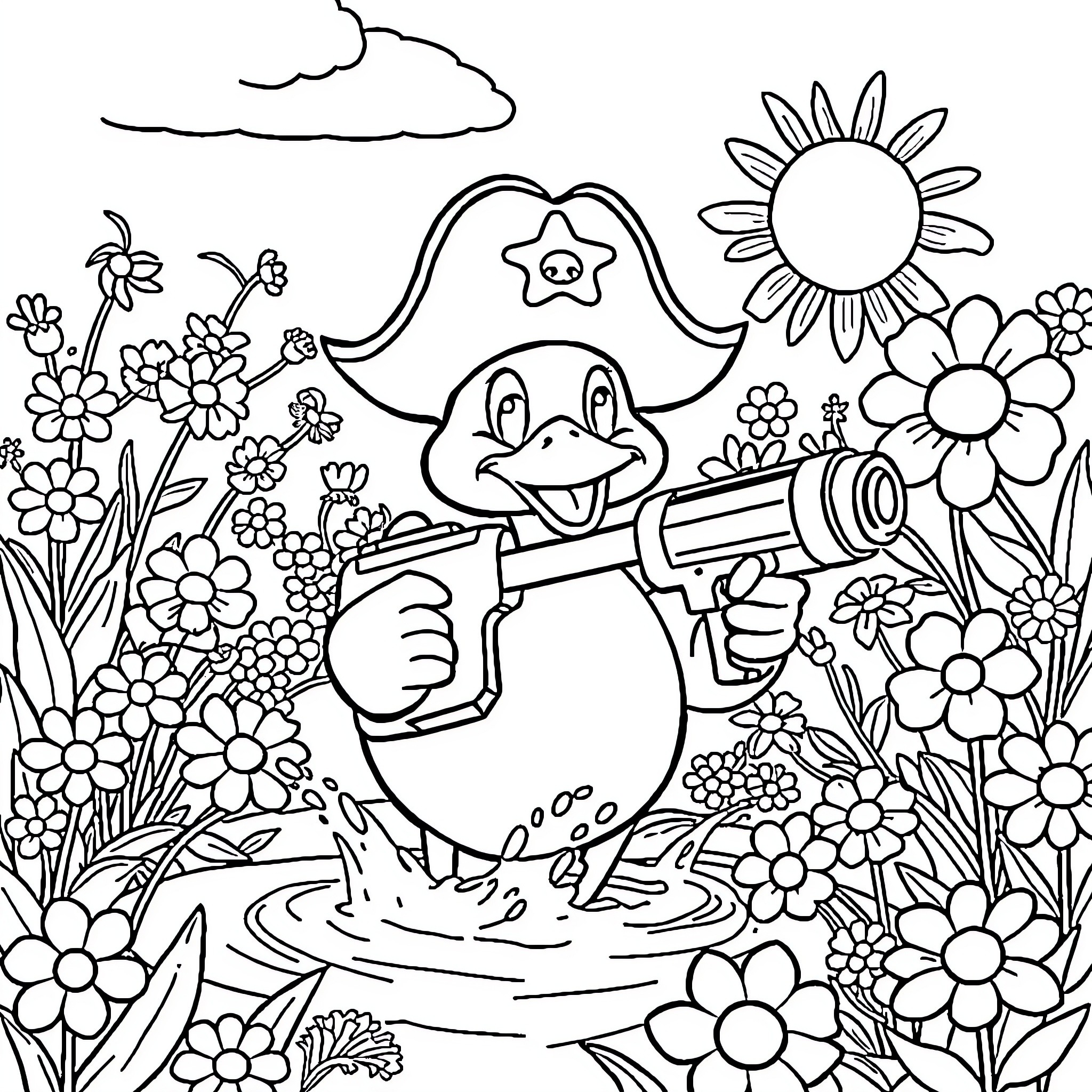 Duck wielding a pirate sword in a floral garden Coloring Page (free black-and-white line drawing printable PDF for all, from beginners to advanced learners, including children, teens, adults, and seniors)