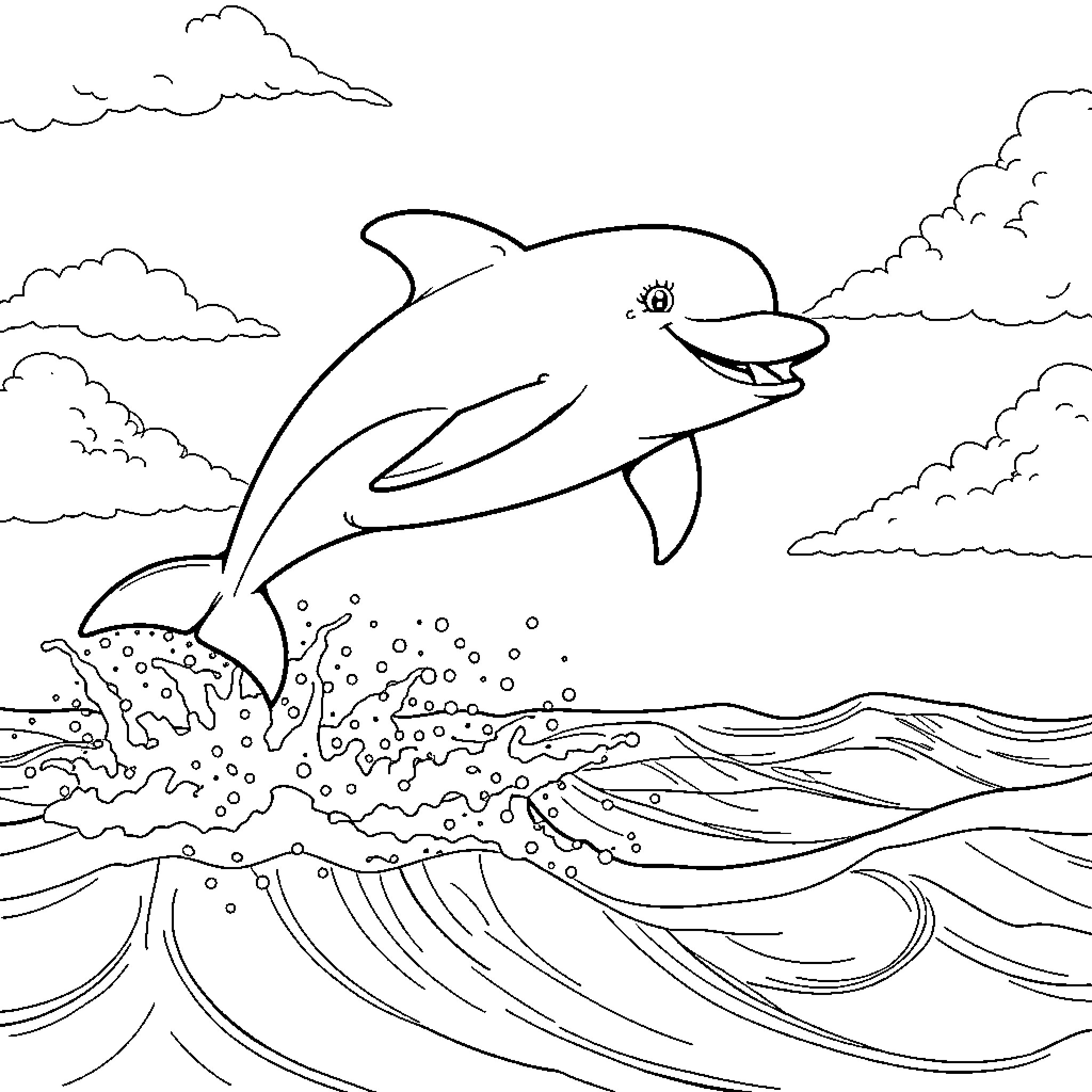 Dolphin jumping through the waves Coloring Page (free black-and-white line drawing printable PDF for all, from beginners to advanced learners, including children, teens, adults, and seniors)