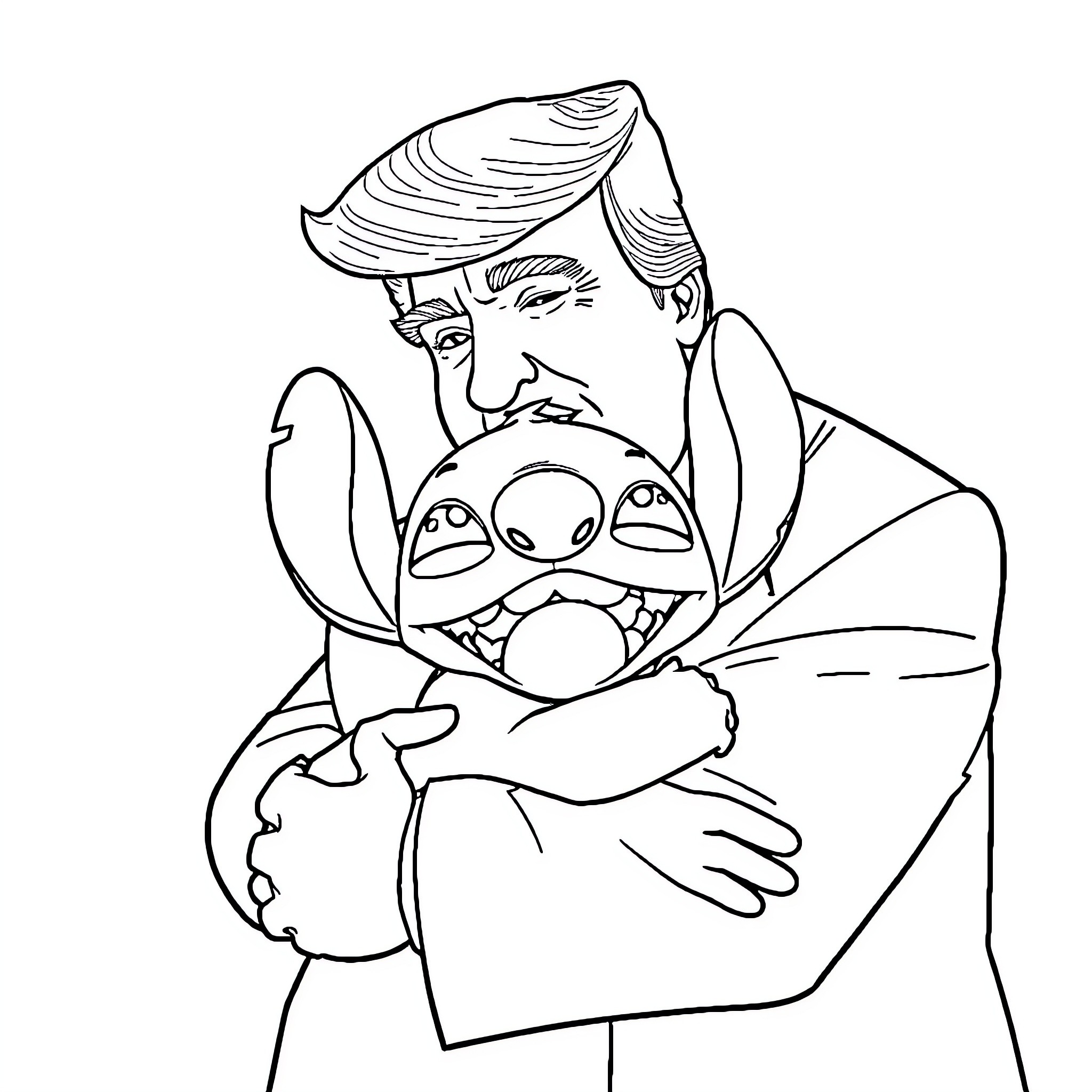 Trump embracing a strange creature Coloring Page (free black-and-white line drawing printable PDF for all, from beginners to advanced learners, including children, teens, adults, and seniors)