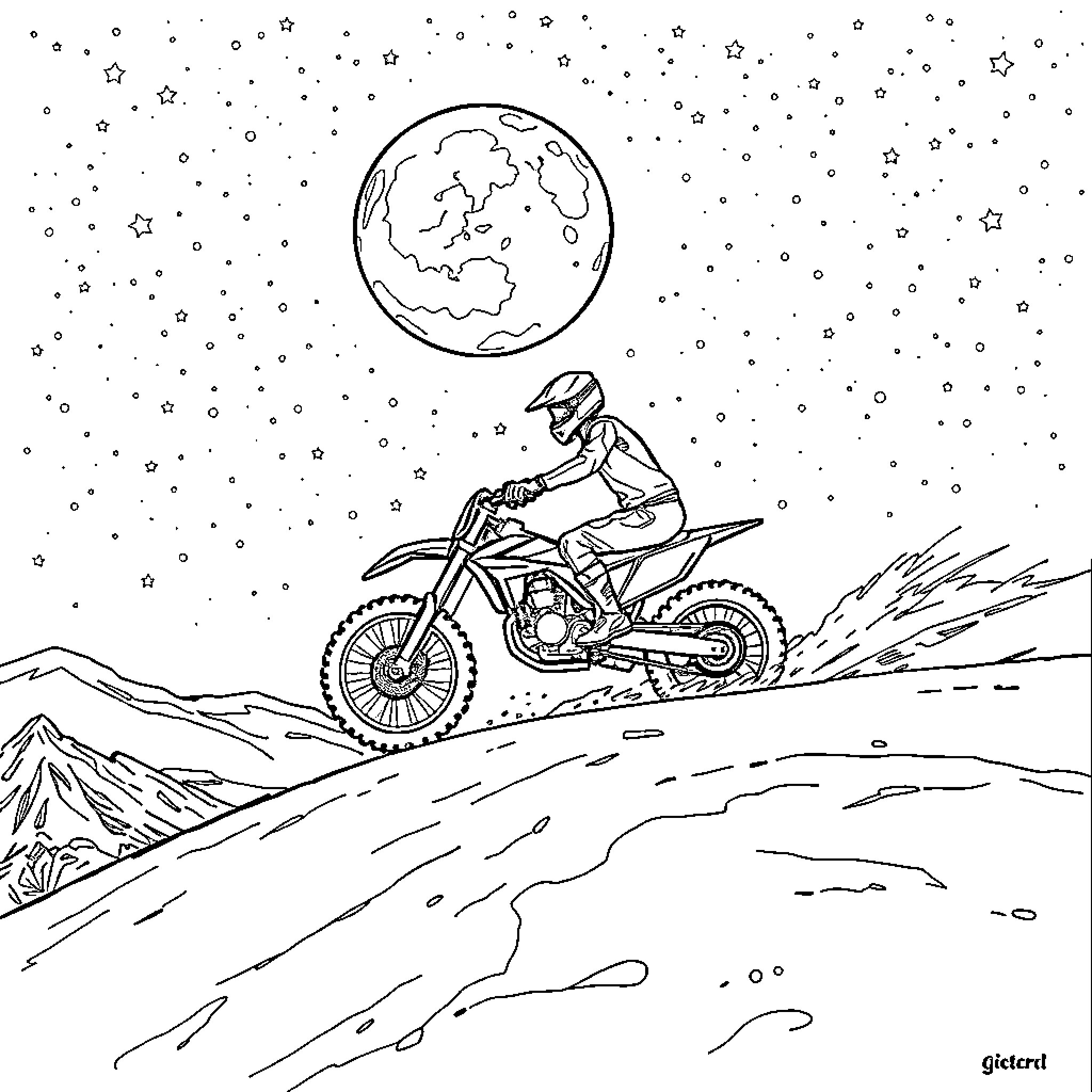 Dirtbike rider navigating under the moonlight Coloring Page (free black-and-white line drawing printable PDF for all, from beginners to advanced learners, including children, teens, adults, and seniors)