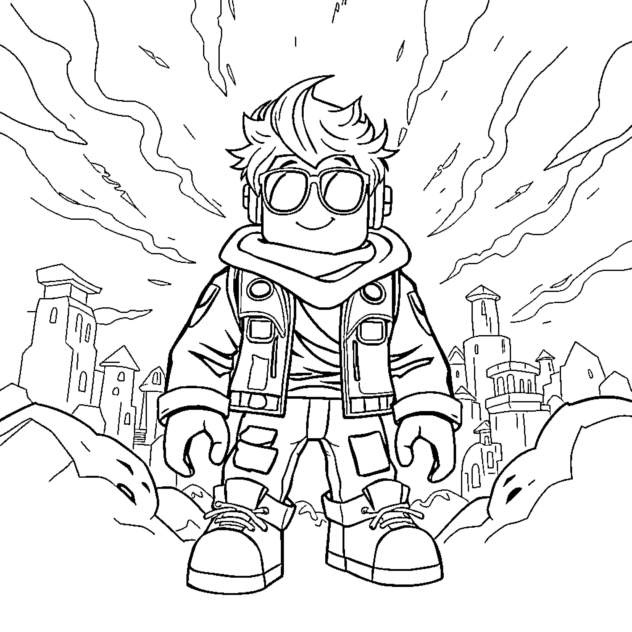 Kid exploring futuristic city in strange attire Coloring Page (free black-and-white line drawing printable PDF for all, from beginners to advanced learners, including children, teens, adults, and seniors)