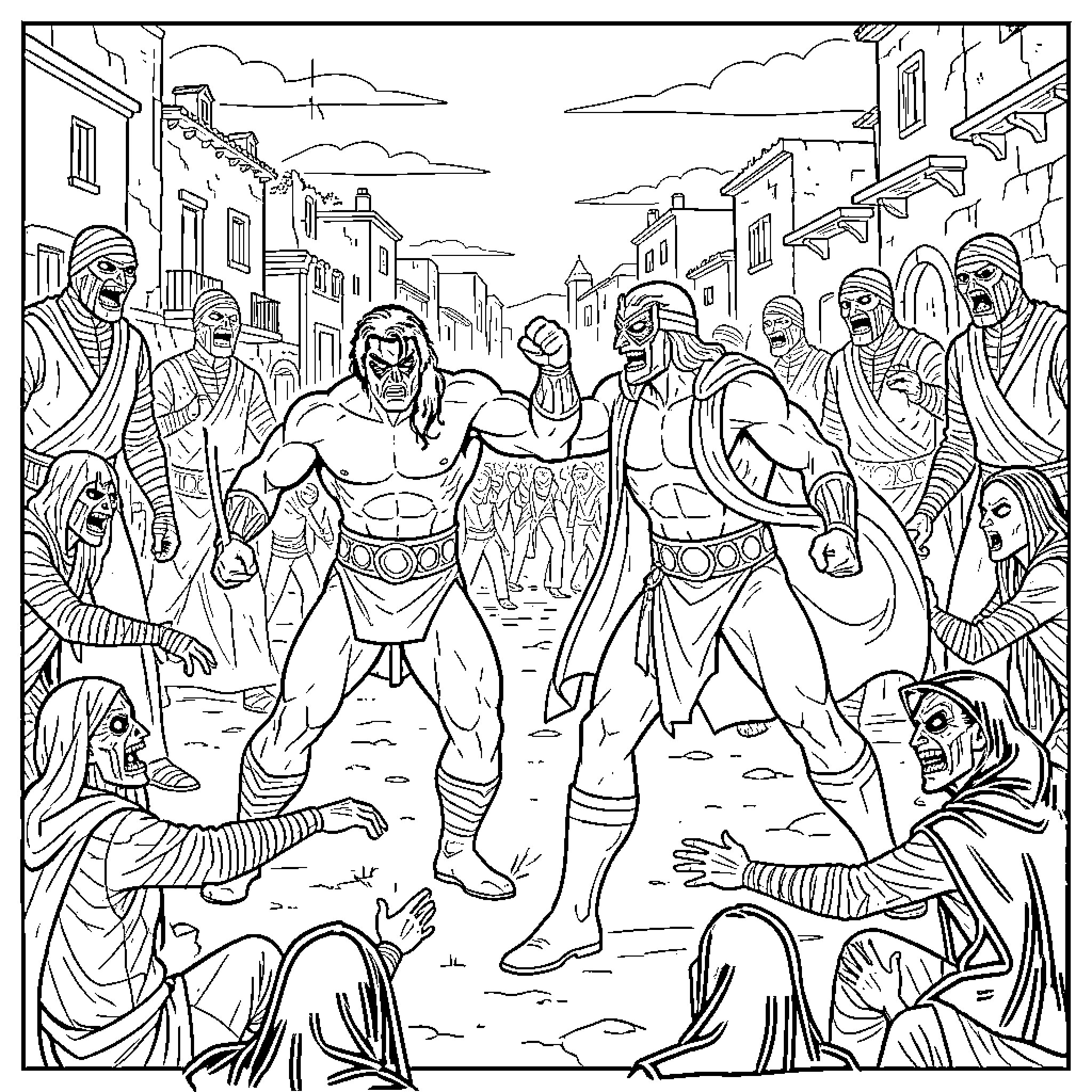 Luchador wrestlers facing off in a crowded arena Coloring Page (free black-and-white line drawing printable PDF for all, from beginners to advanced learners, including children, teens, adults, and seniors)