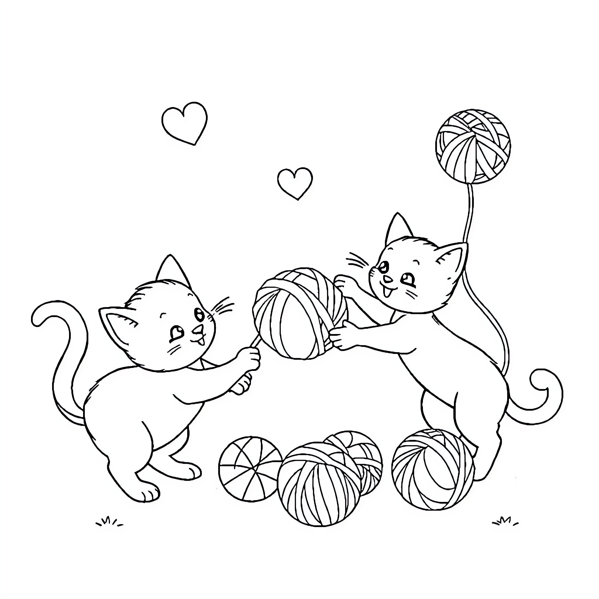 Cats playing with yarn balls Coloring Page (free black-and-white line drawing printable PDF for all, from beginners to advanced learners, including children, teens, adults, and seniors)