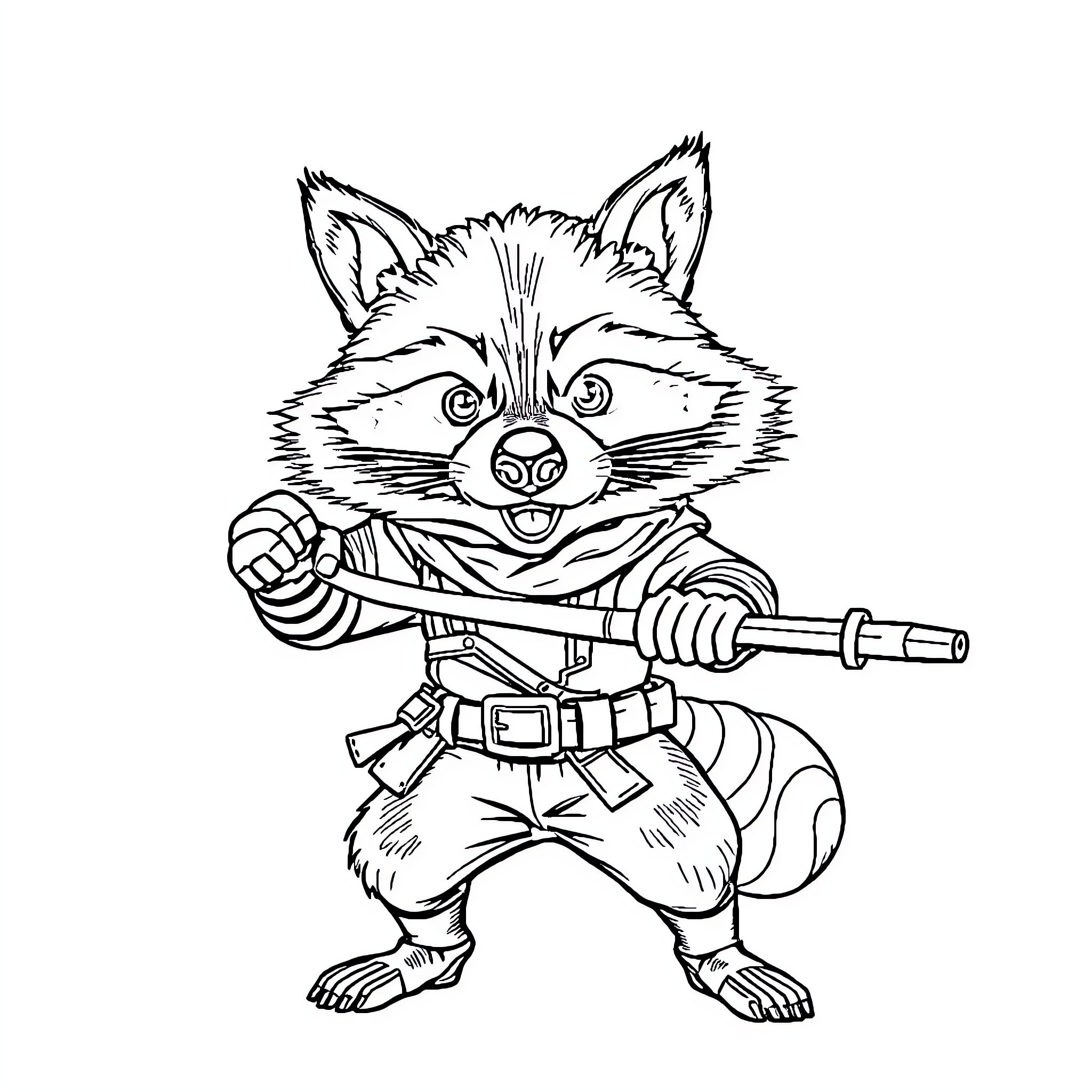 Raccoon Warrior Wielding Weapon Coloring Page (free black-and-white line drawing printable PDF for all, from beginners to advanced learners, including children, teens, adults, and seniors)