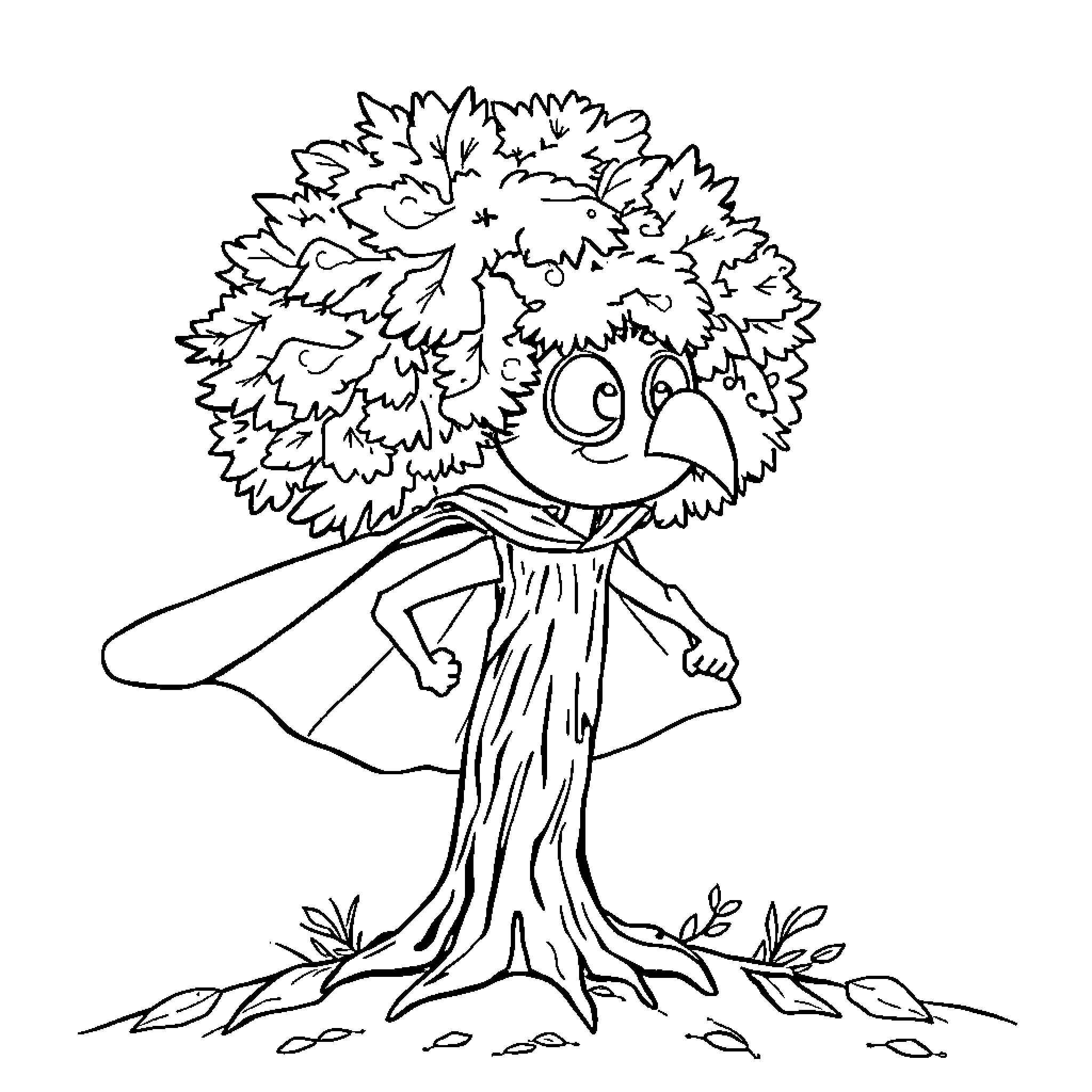 Tree creature with big eyes and hairy body Coloring Page (free black-and-white line drawing printable PDF for all, from beginners to advanced learners, including children, teens, adults, and seniors)