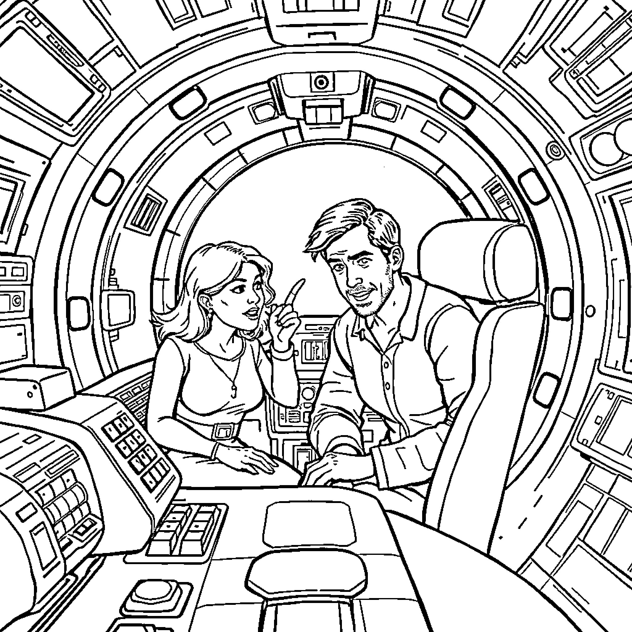 Wife and Husband in Futuristic Spacecraft Control Room Coloring Page (free black-and-white line drawing printable PDF for all, from beginners to advanced learners, including children, teens, adults, and seniors)