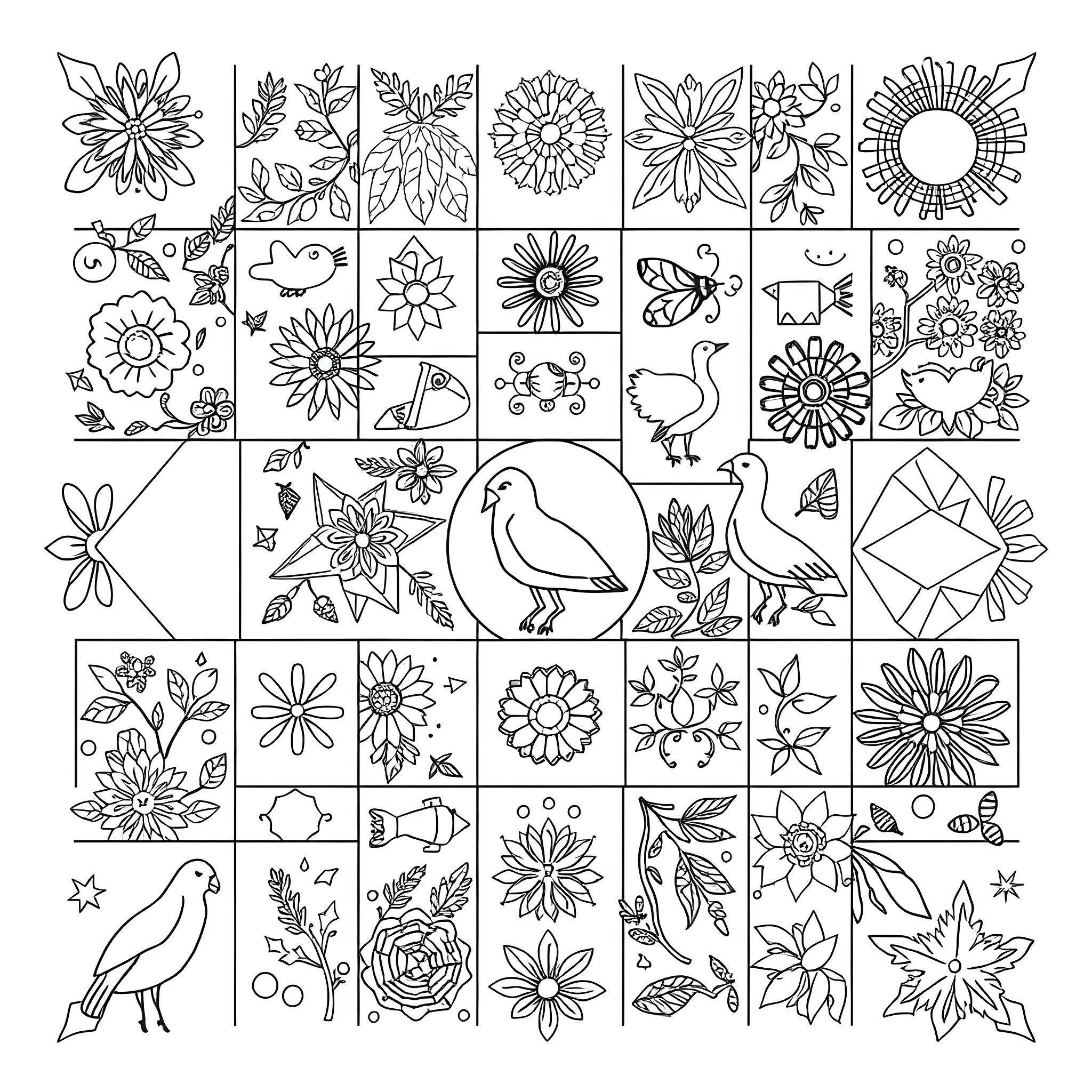 Patchwork of Floral and Bird Illustrations Coloring Page (free black-and-white line drawing printable PDF for all, from beginners to advanced learners, including children, teens, adults, and seniors)