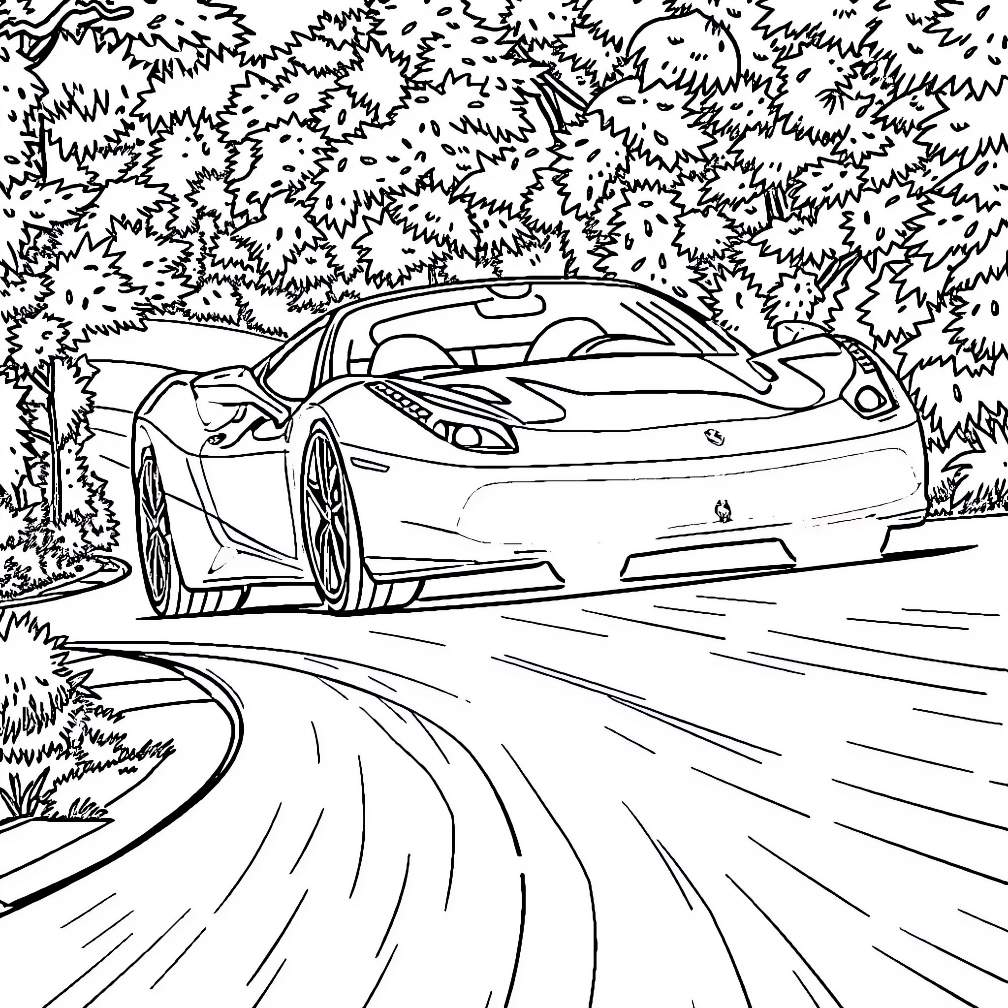 Ferrari supercar speeding through winding forest road Coloring Page (free black-and-white line drawing printable PDF for all, from beginners to advanced learners, including children, teens, adults, and seniors)
