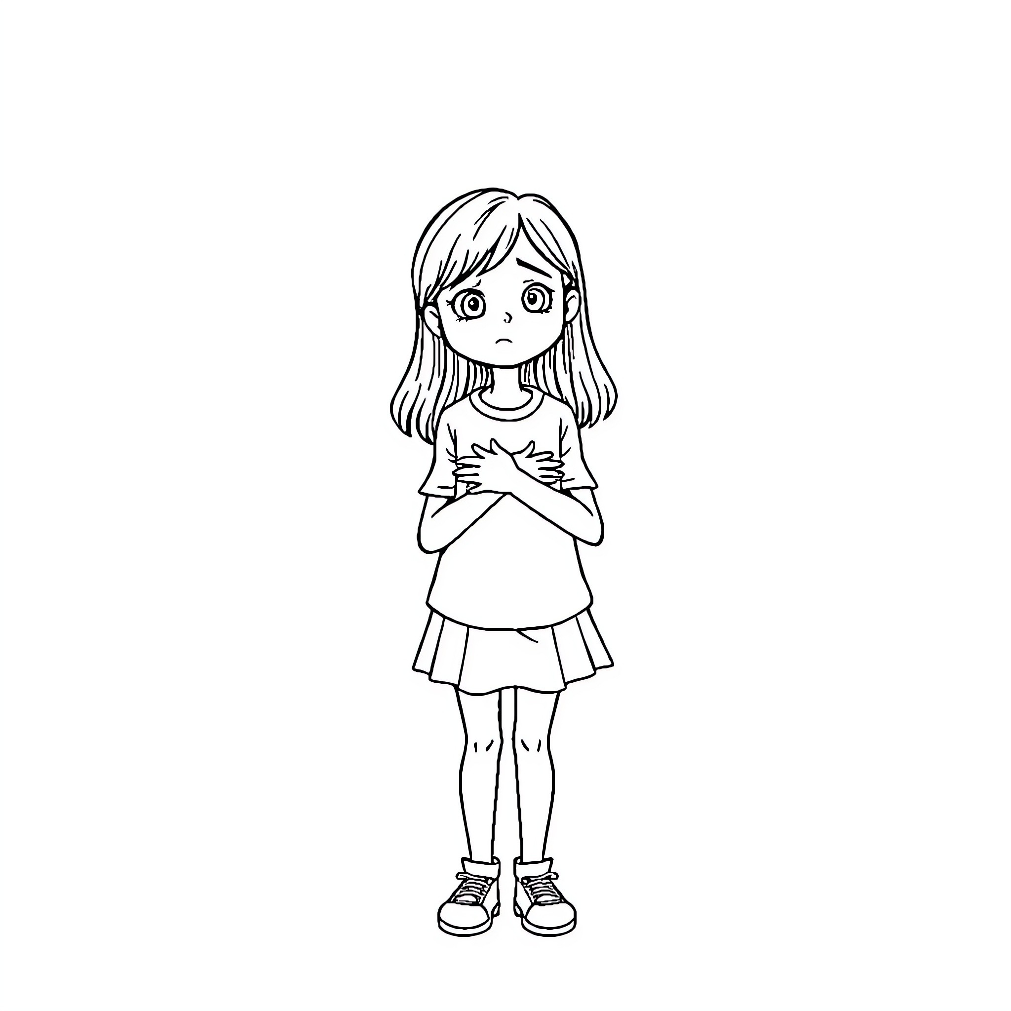 Girl with pensive expression and folded arms Coloring Page (free black-and-white line drawing printable PDF for all, from beginners to advanced learners, including children, teens, adults, and seniors)