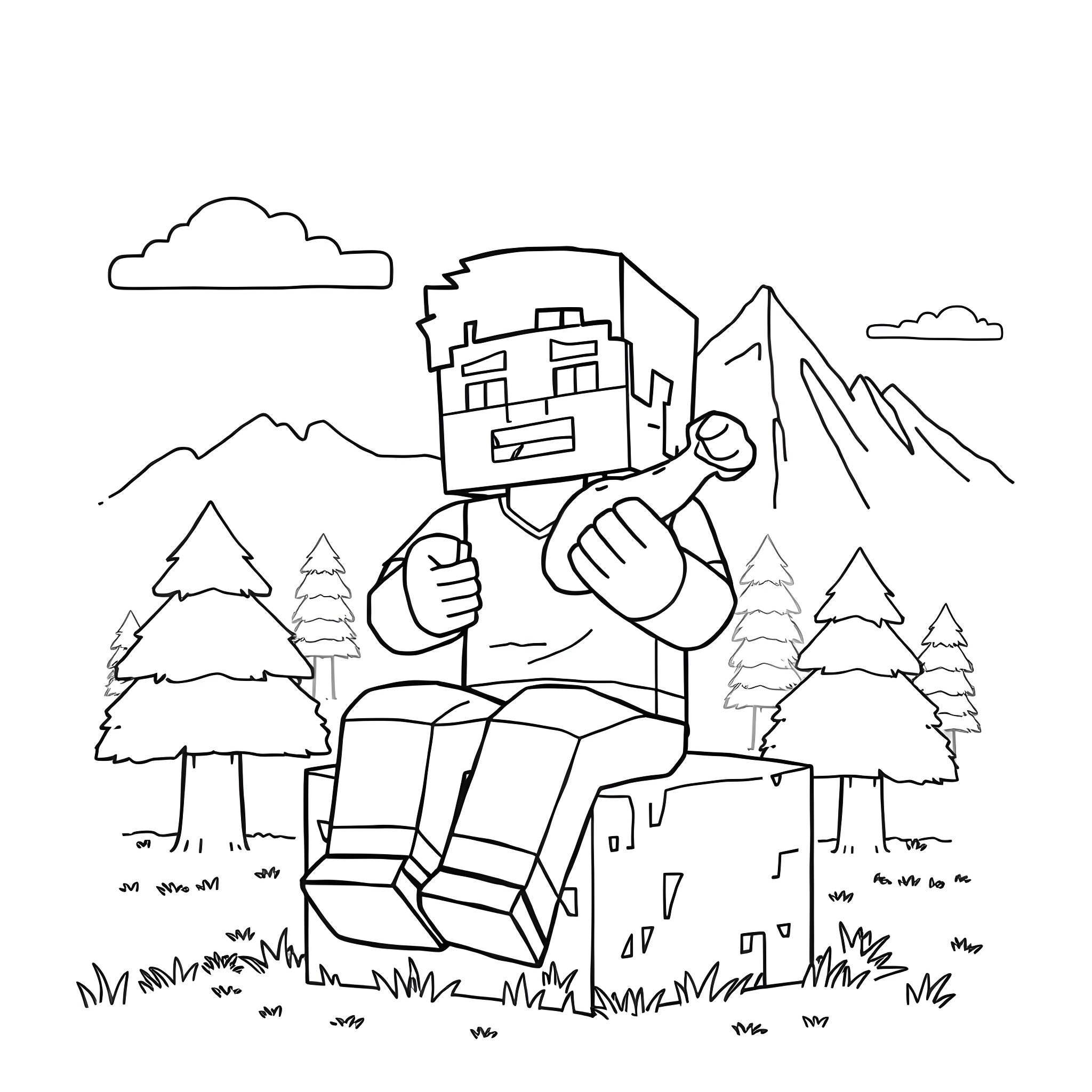 Steve relaxing in the mountains with nature scenery Coloring Page (free black-and-white line drawing printable PDF for all, from beginners to advanced learners, including children, teens, adults, and seniors)