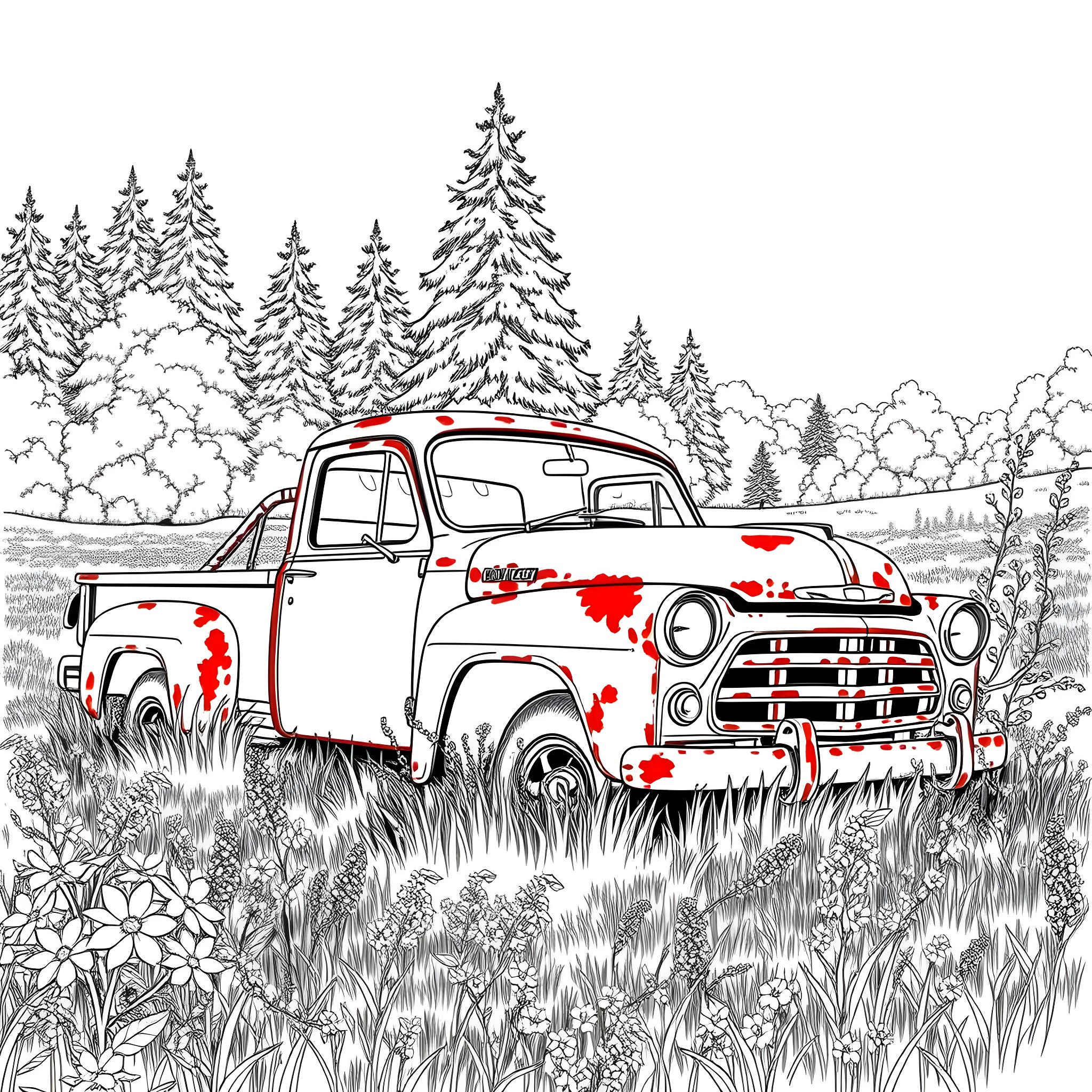 Vintage Truck in the Snowy Forest Coloring Page (free black-and-white line drawing printable PDF for all, from beginners to advanced learners, including children, teens, adults, and seniors)