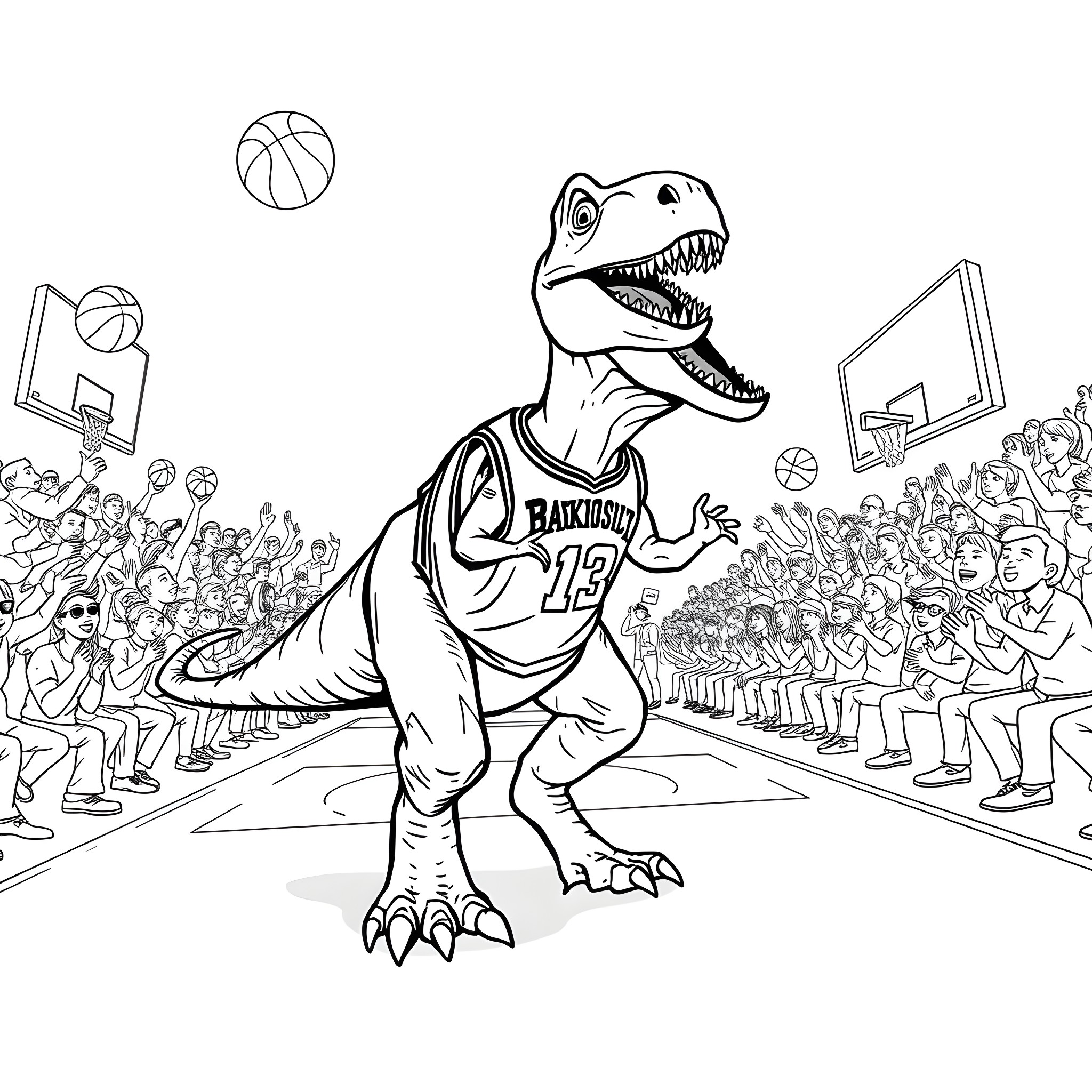Velociraptor basketball player on the court Coloring Page (free black-and-white line drawing printable PDF for all, from beginners to advanced learners, including children, teens, adults, and seniors)