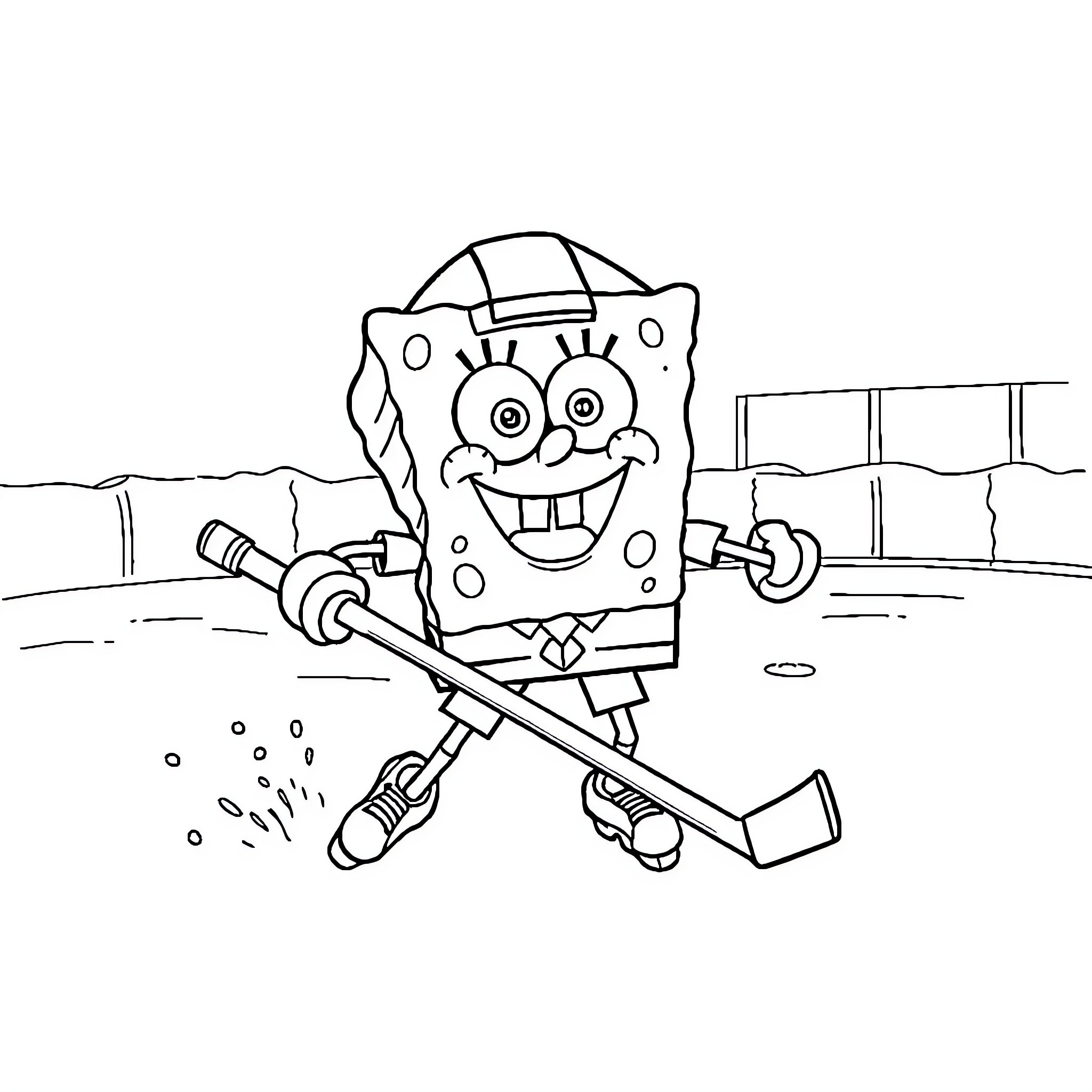 Spongebob playing hockey enthusiastically Coloring Page (free black-and-white line drawing printable PDF for all, from beginners to advanced learners, including children, teens, adults, and seniors)