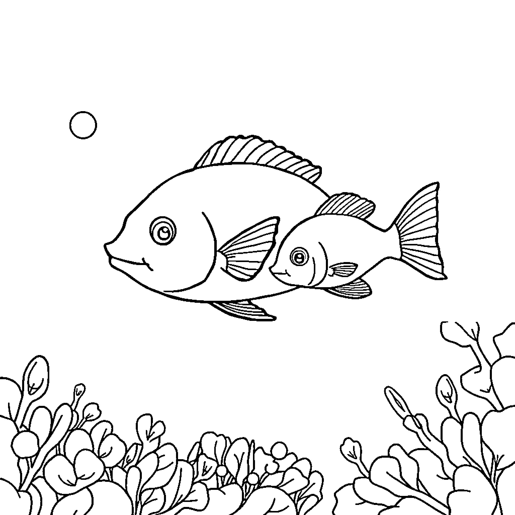 Fish swimming amid underwater plants Coloring Page (free black-and-white line drawing printable PDF for all, from beginners to advanced learners, including children, teens, adults, and seniors)