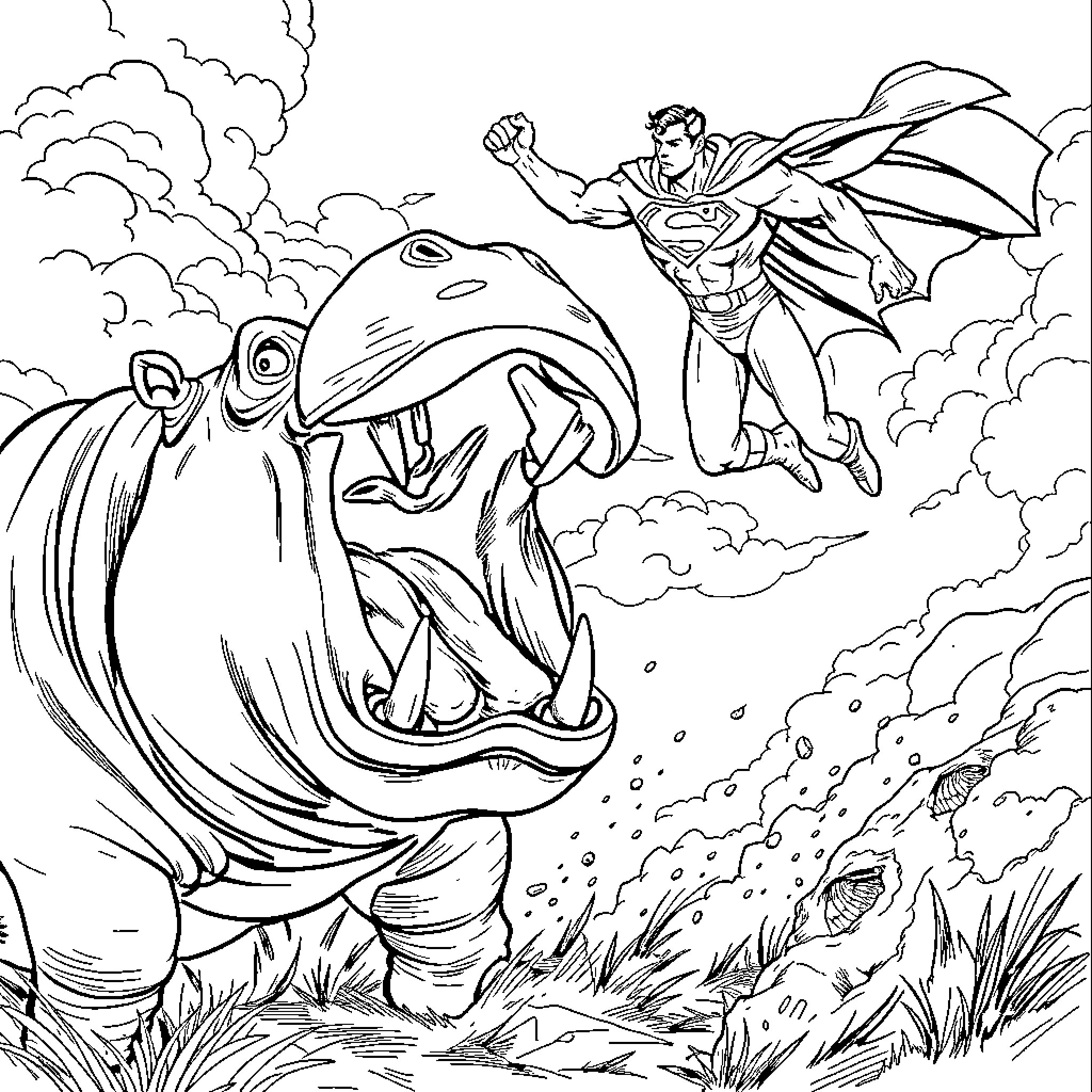 Hippo battles heroic superhero in cloudy skies Coloring Page (free black-and-white line drawing printable PDF for all, from beginners to advanced learners, including children, teens, adults, and seniors)