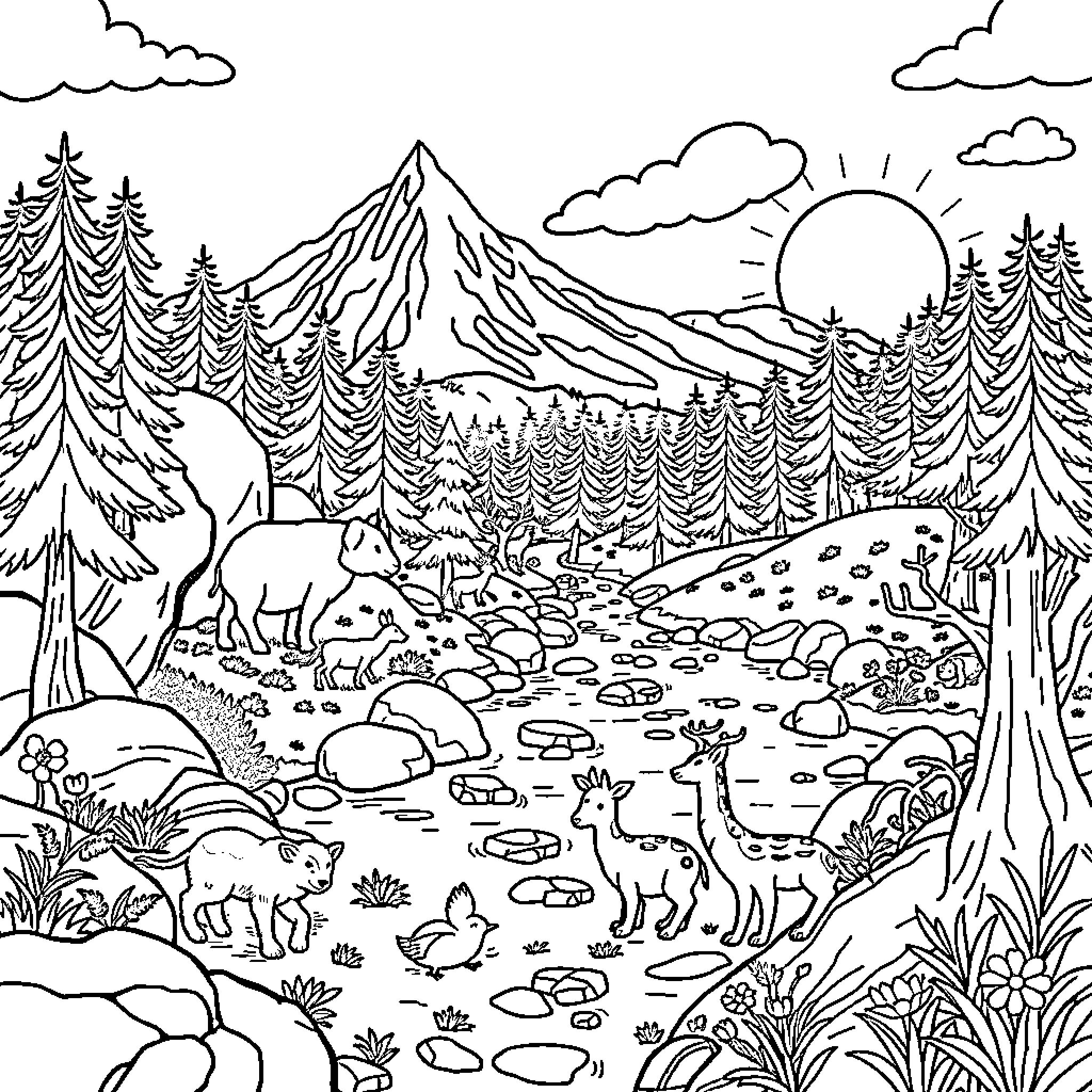 Wildlife in a serene mountain landscape Coloring Page (free black-and-white line drawing printable PDF for all, from beginners to advanced learners, including children, teens, adults, and seniors)