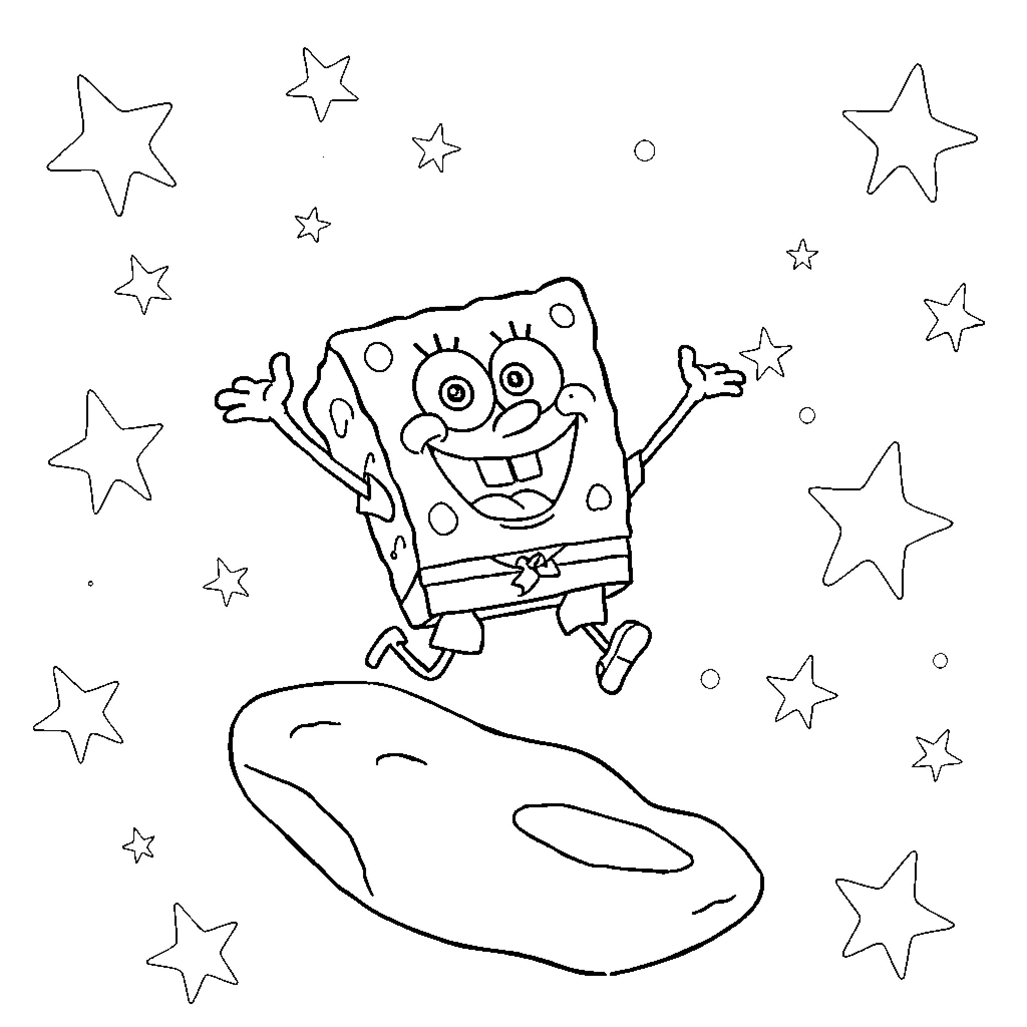 Spongebob jumping excitedly with stars in space Coloring Page (free black-and-white line drawing printable PDF for all, from beginners to advanced learners, including children, teens, adults, and seniors)