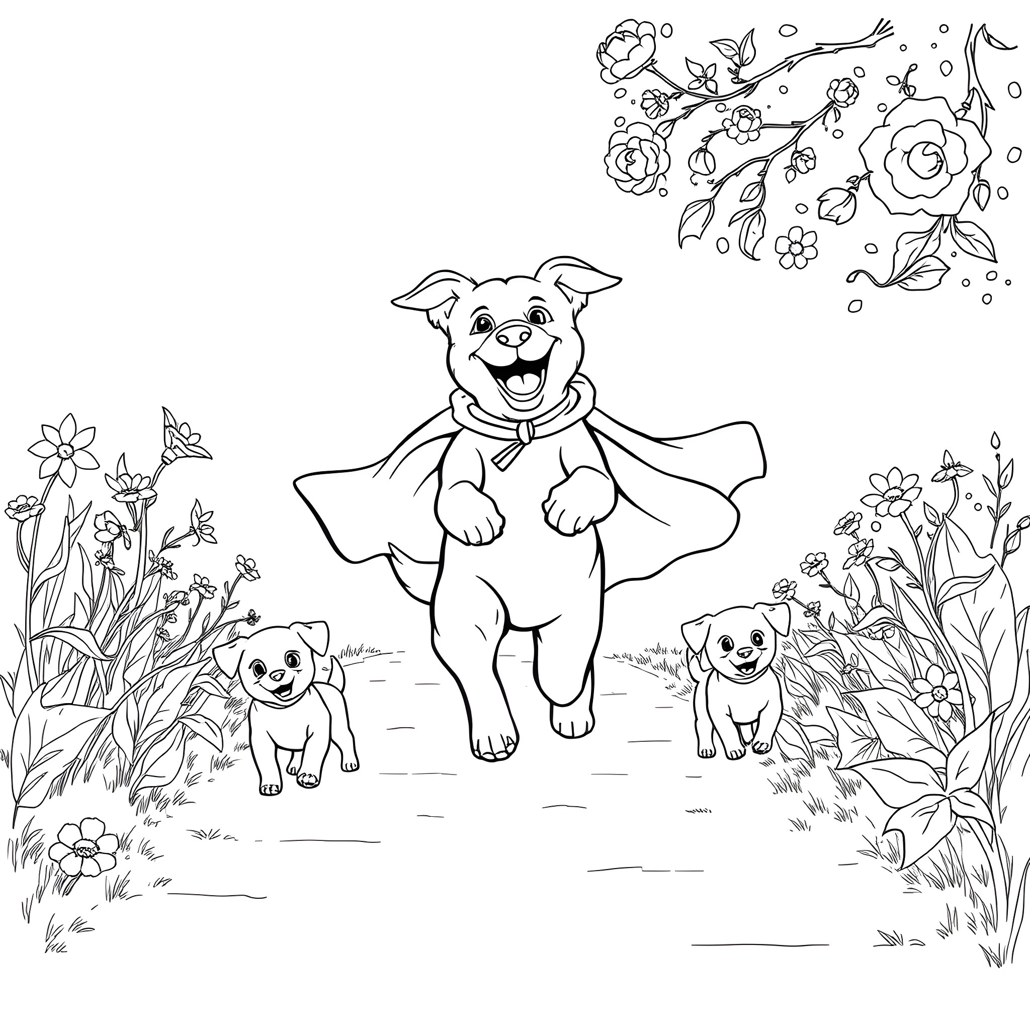 Dogman and puppies explore the flowery garden Coloring Page (free black-and-white line drawing printable PDF for all, from beginners to advanced learners, including children, teens, adults, and seniors)