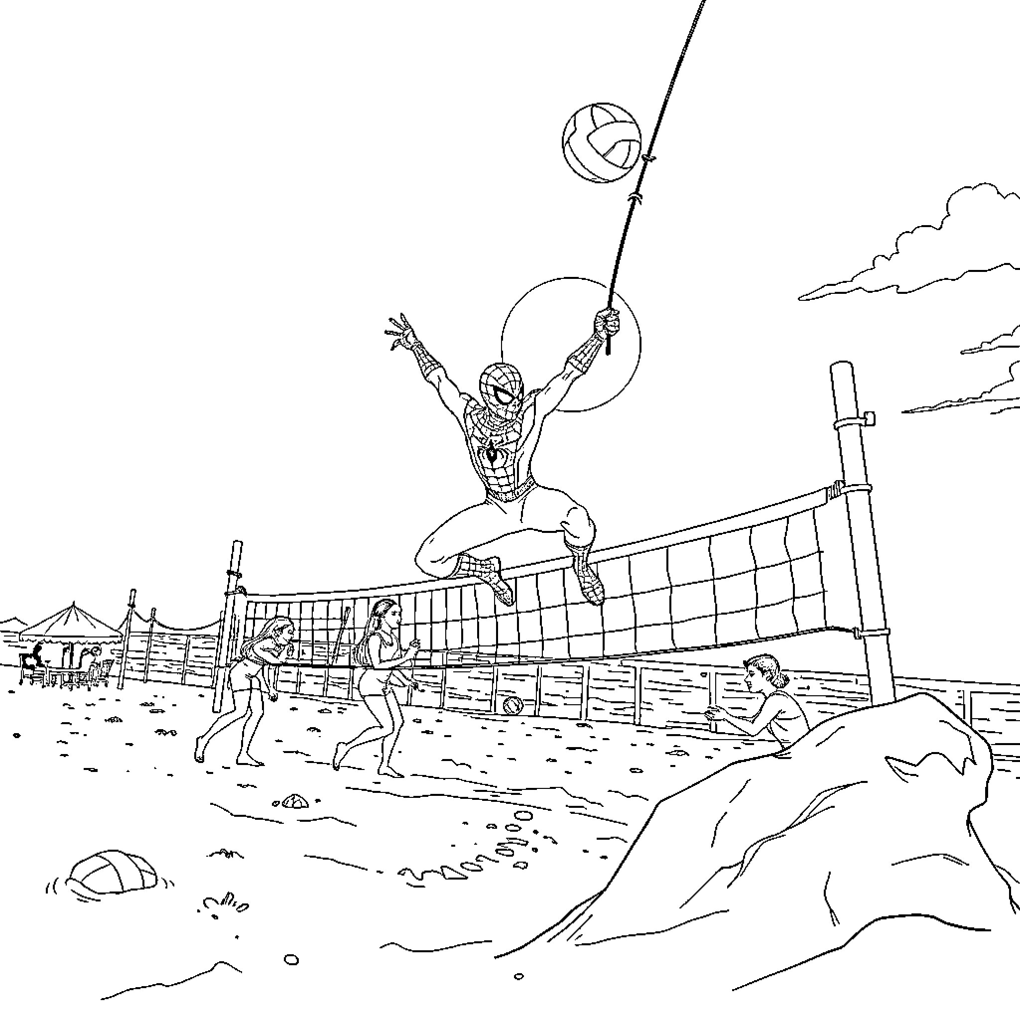 Spiderman playing volleyball on the beach Coloring Page (free black-and-white line drawing printable PDF for all, from beginners to advanced learners, including children, teens, adults, and seniors)
