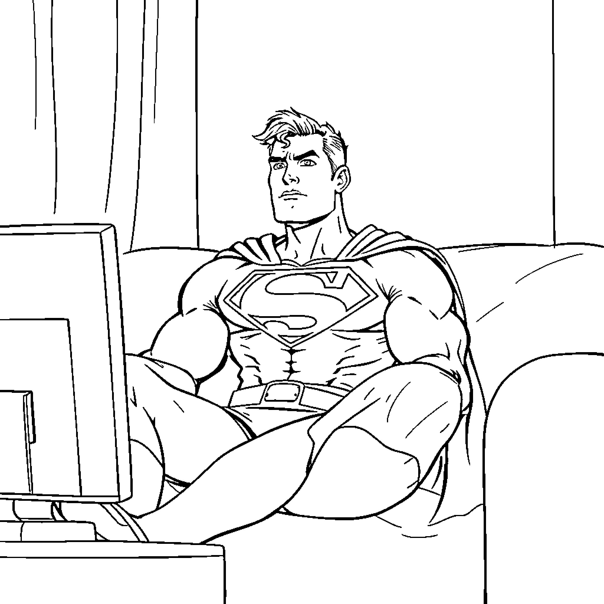 Superman relaxing at home after heroic deeds Coloring Page (free black-and-white line drawing printable PDF for all, from beginners to advanced learners, including children, teens, adults, and seniors)