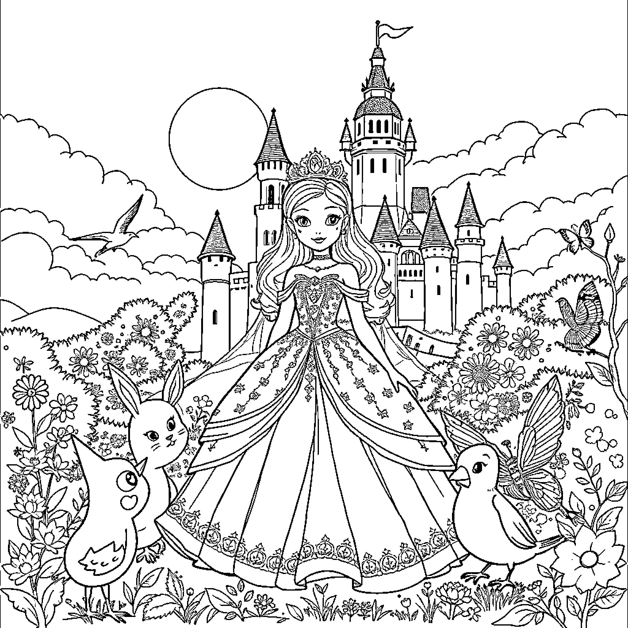 Princess in a Magical Castle Garden Coloring Page (free black-and-white line drawing printable PDF for all, from beginners to advanced learners, including children, teens, adults, and seniors)