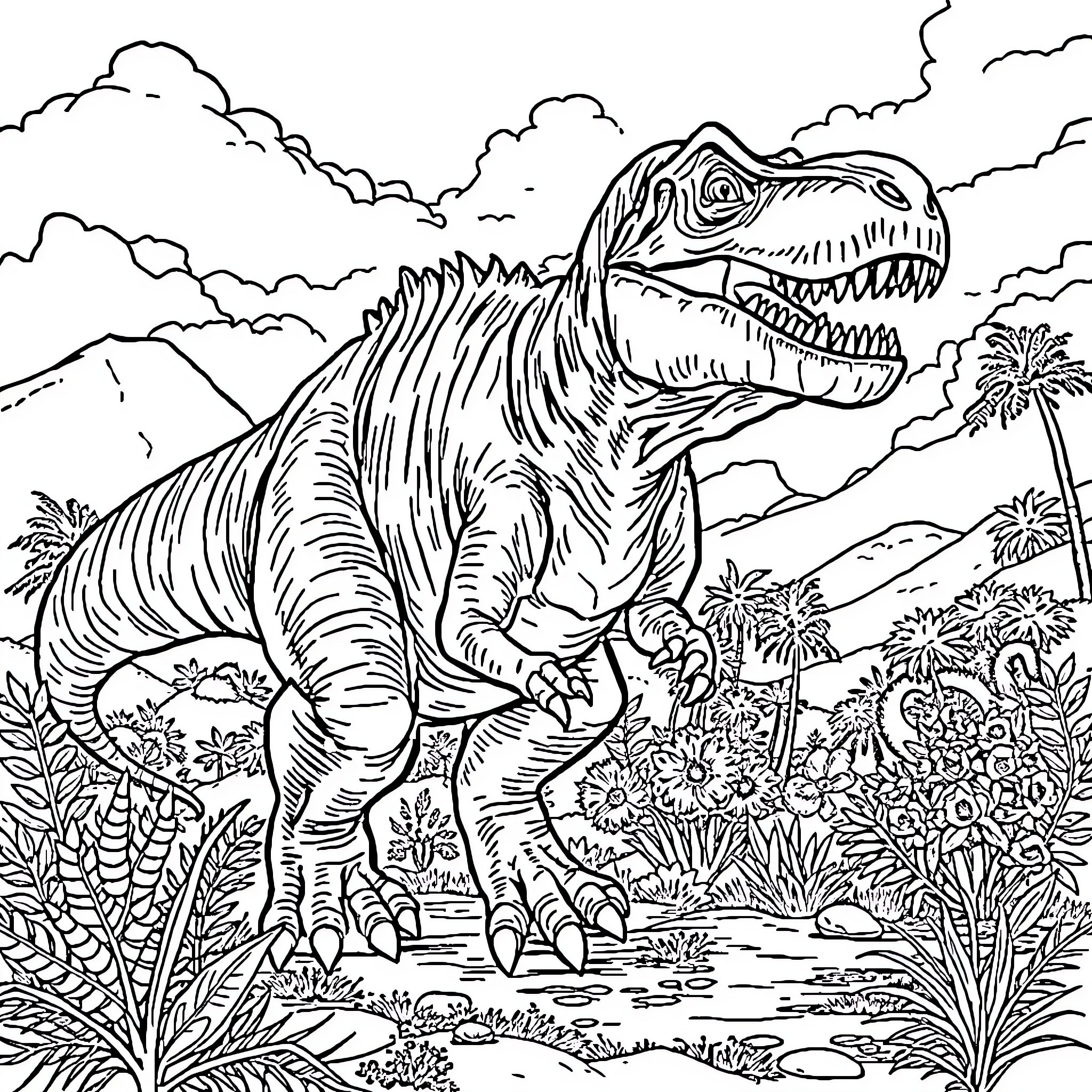 Rhinoceros-like dinosaur roaming prehistoric landscape Coloring Page (free black-and-white line drawing printable PDF for all, from beginners to advanced learners, including children, teens, adults, and seniors)